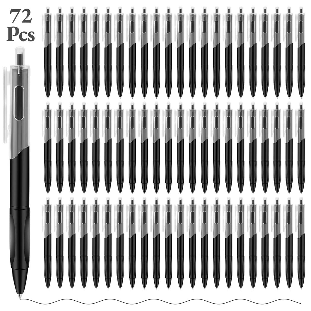 72 Stück einziehbare Kugelschreiber, schwarze Gelstifte mit weichem Gummigriff, 0,02 Zoll Feinstift-Klickstifte zum Schreiben, schnell trocknende Tinte für Journaling, Zeichnen, Schule und Büro