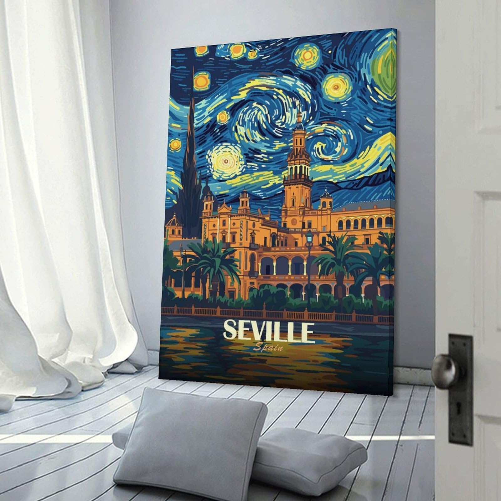 Junmoney Seville, Spain, Starry Night Style Room Decor Wall Art, 24x36inch(60x90cm), for Gallery Wall Decor And Room Displays, Decorative Artwork with Flexible Styling
