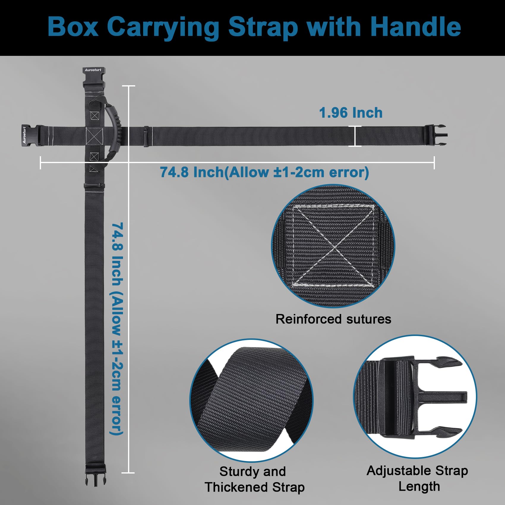 Aurosturt Box Carrying Strap with Handle 74.8 Inch Adjustable Straps for Battery Box Handheld Belt Carry Straps for Safely Moving and Lifting Heavy Boxes (Black, 74.8 Inch)