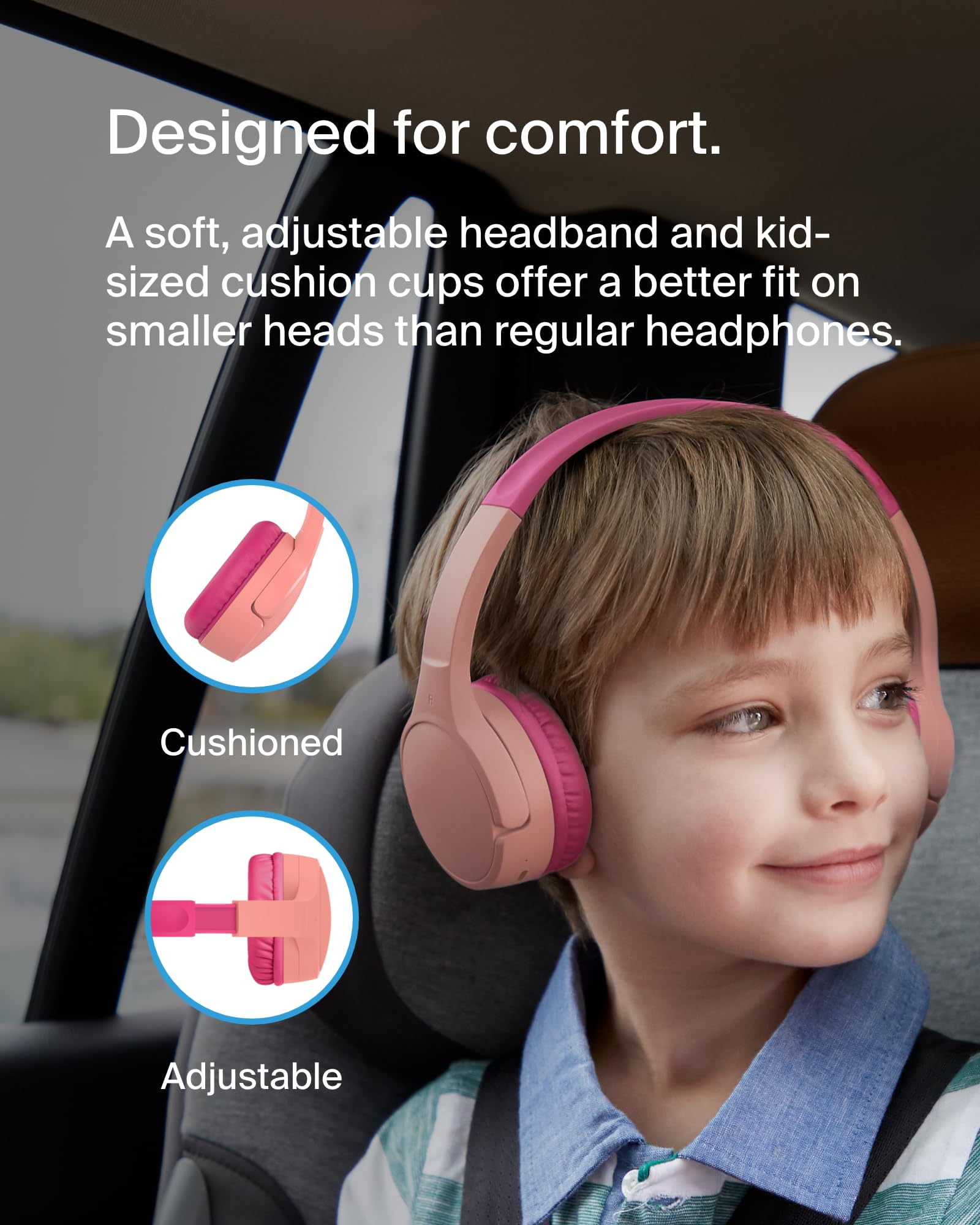 Belkin SoundForm Bezprzewodowe słuchawki nauszne dla dzieci z wbudowanym mikrofonem, dla dziewczynek i chłopców do nauki online, szkoły, podróży, pasują do iPhone'ów, iPadów, Galaxy itd. – różowe