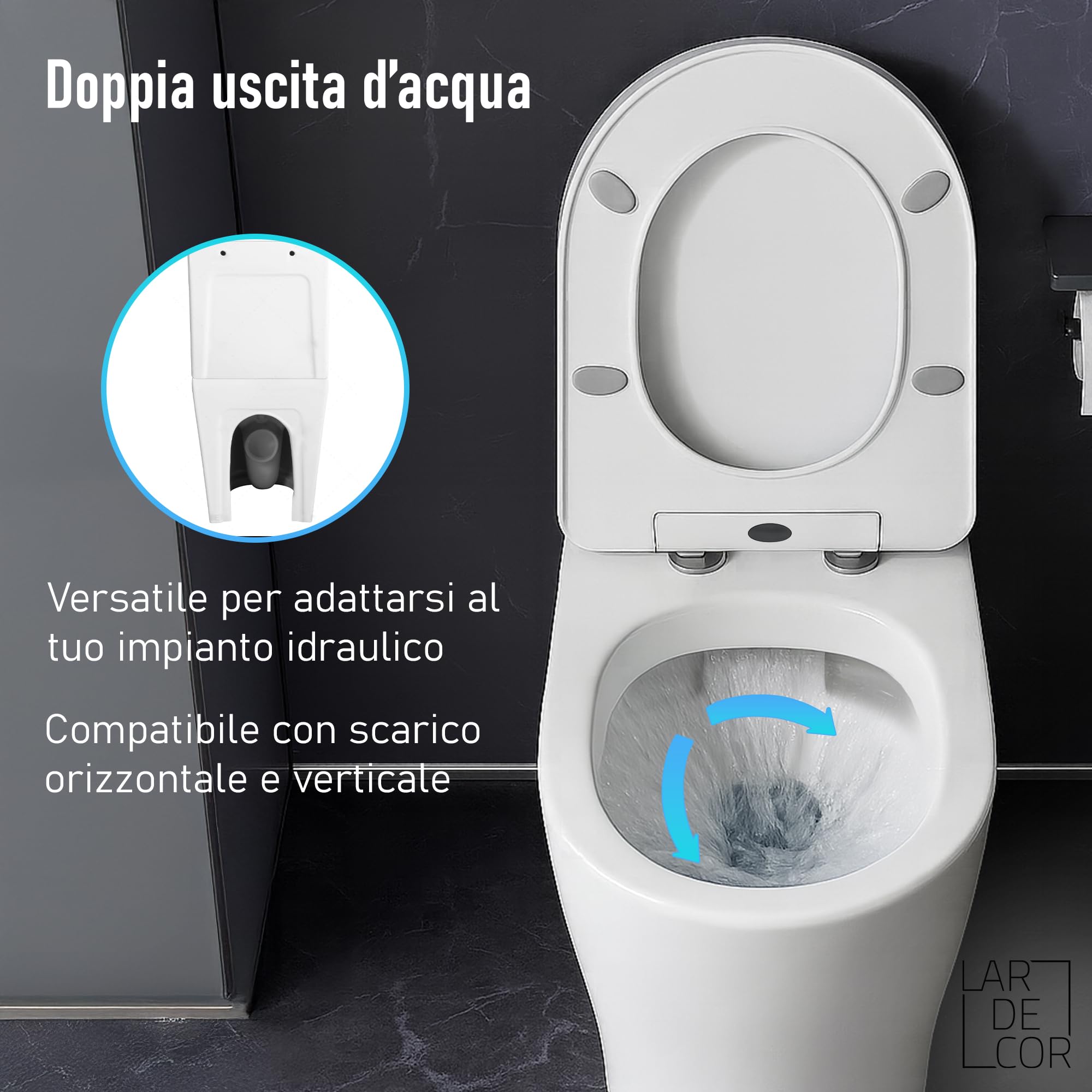 WC Completo Rimless | 605×370×800 mm | Sanitari Bagno in Ceramica a Terra con Sedile Duro Ultra Sottile, Funzione Soft-Close, Scarico Doppio a Risparmio Idrico e Uscita Duale (Bianco)