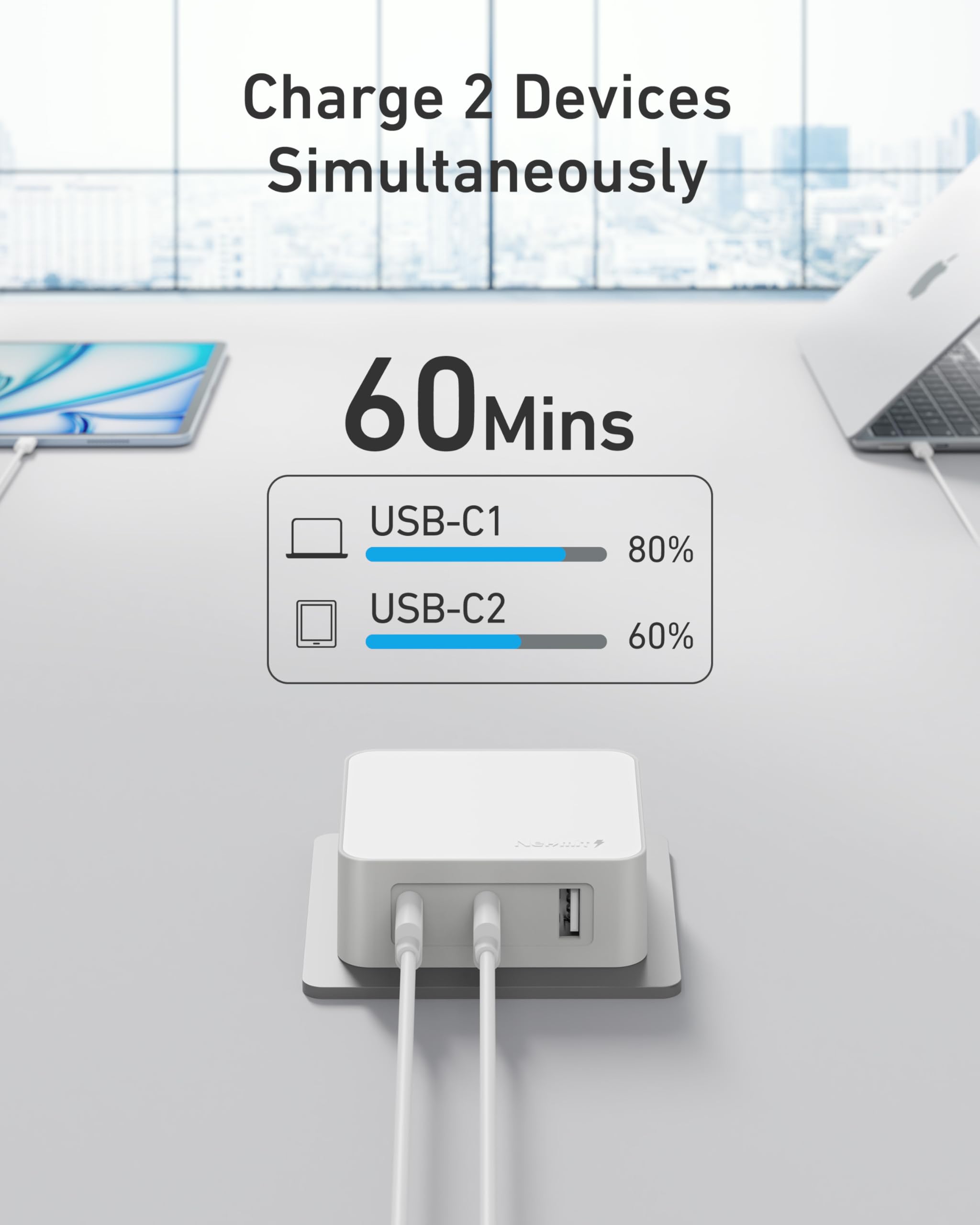 Nekmit Bloque de cargador USB C plano de 100 W, cargador de pared rápido GaN de 3 puertos (2 USB-C y 1 USB-A), enchufe de pared USB C con puntas fijas para iPhone 17/16, MacBook Pro/Air, iPad, Galaxy