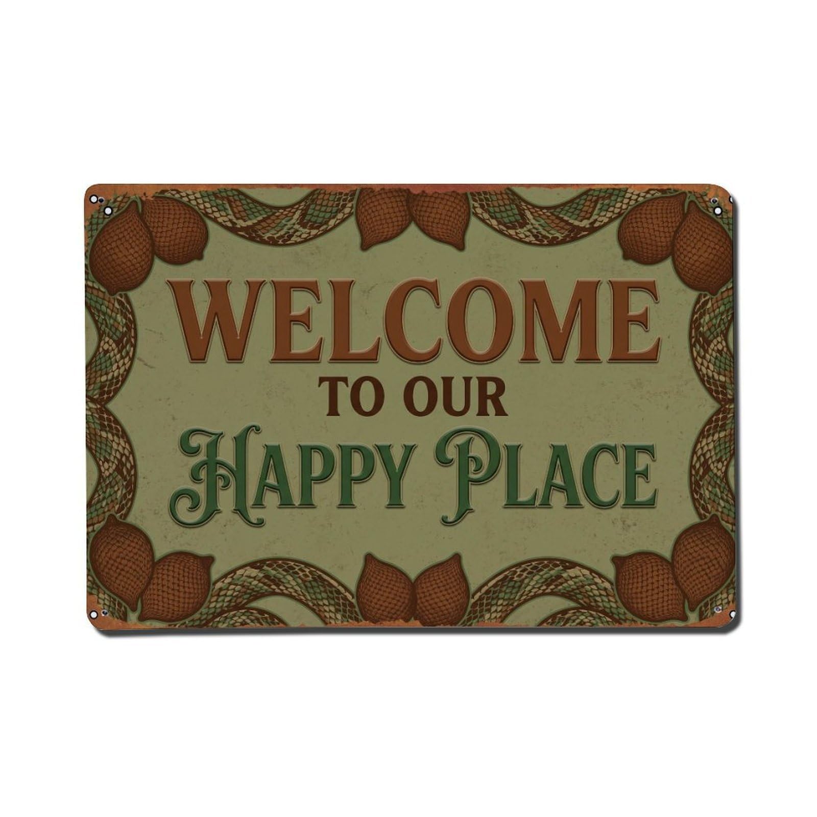 Welcome To Our Happy Place Salak Garden Metal Tin Sign Plaque Wall Decor for Cafe, Club Bar, Office, Home Garden Metal Poster 8x12Inch