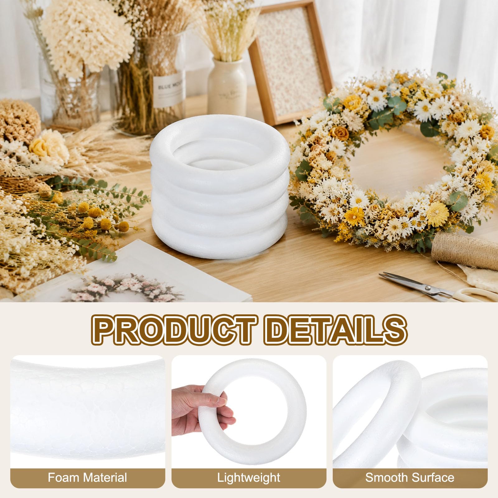 MECCANIXITY Lot de 6 couronnes en mousse Blanc 17,5 cm / 6.89in | Couronne ronde en mousse légère en polystyrène pour mariage, maison, projets floraux, loisirs créatifs, décoration de Noël