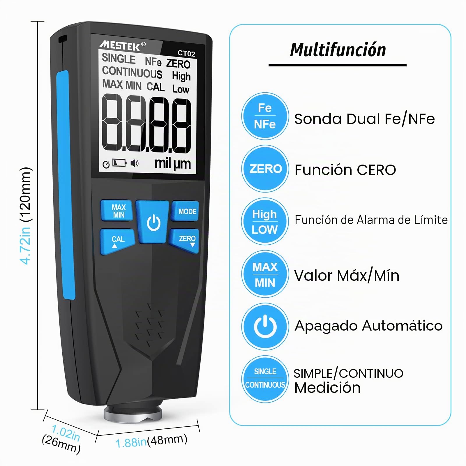 Medidor de Espesor Pintura MESTEK Medidor de Espesor de Revestimiento 0-1500um con LCD Sensor Automático de Fe&NF 2 en 1, para Automóviles, Automóviles Usados, Superficies de Equipos, etc.