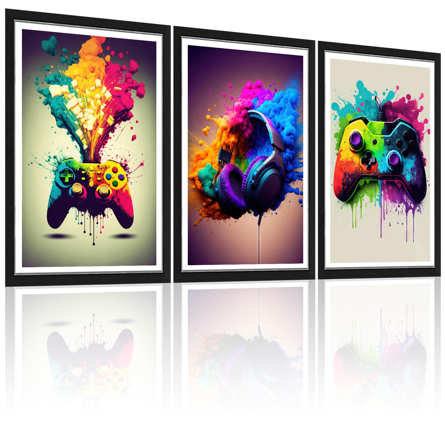 Game Room Decorative Wall Art Color Video Handle Earphone Graffiti Theme Poster Neon Light Poster Print Picture Children Youth Art Machine Boys Bedroom Home 12 x16 inchX 3 Piece Set Unframed