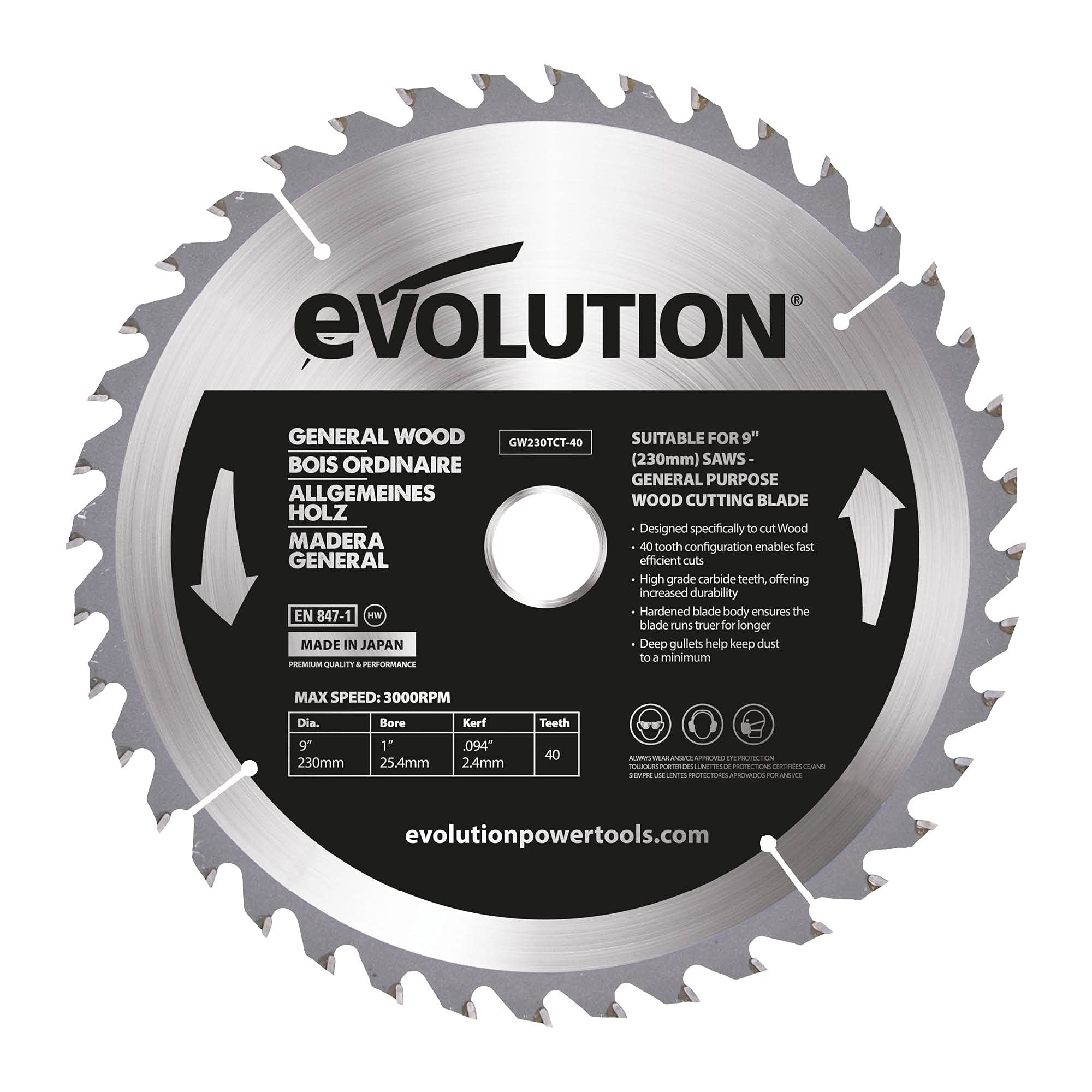 Evolution 230mm 9in 40T TCT Wood Circular Saw Blade 25.4mm Bore General Purpose
