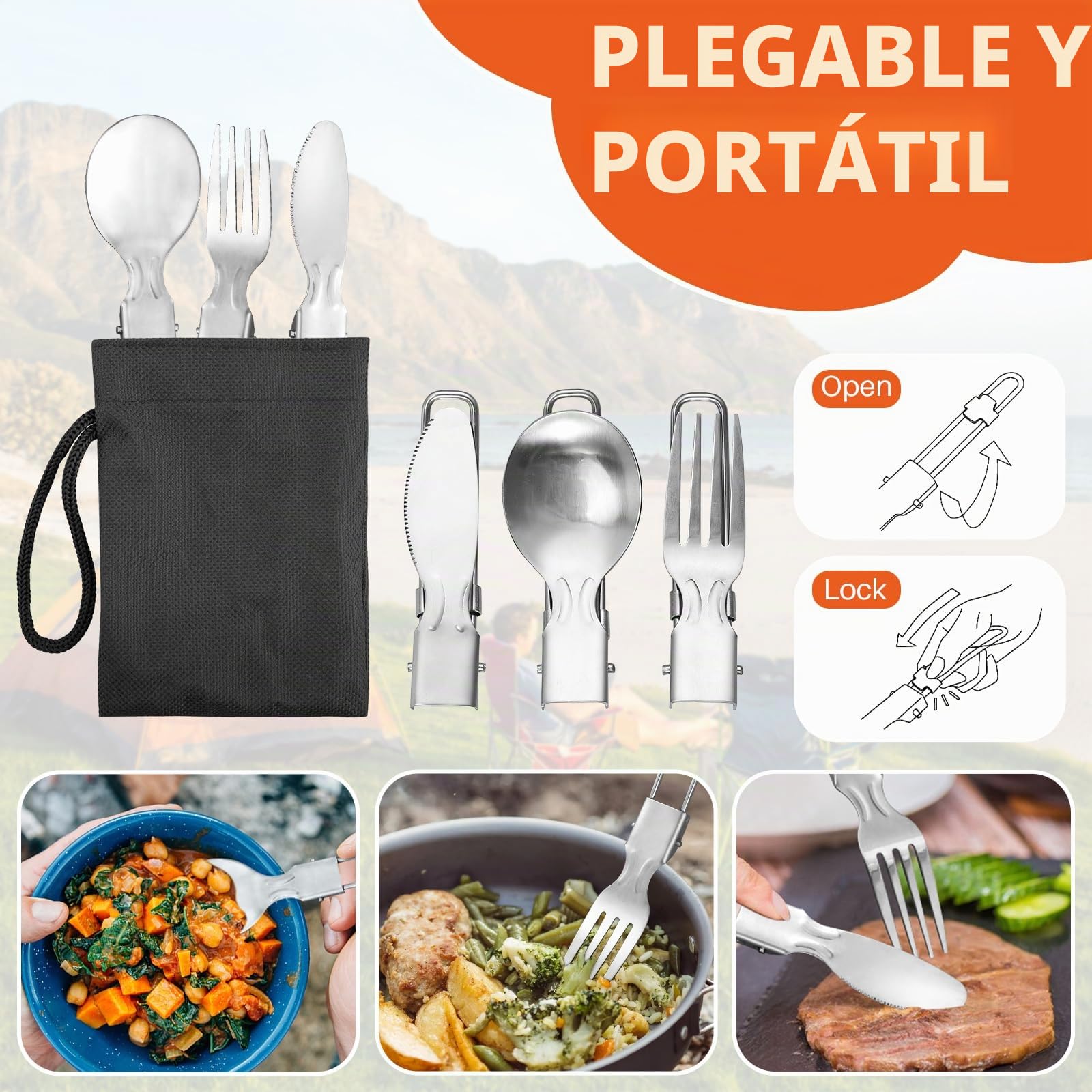 FUNYKICH 17PCS Utensilios Cocina Camping, Antiadherente Ligero Camping Ollas y Sartenes con Hervidor de Agua, Tazas de Acero Inoxidable, Tenedores Plegables Cuchillos Cucharas para Acampar