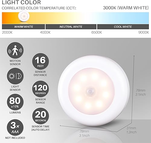 Miniatura 5 de STAR-SPANGLED Paquete de 3 luces con sensor de movimiento de 3.1 pulgadas para interiores, funciona con pilas AA, luz LED de disco para armario,