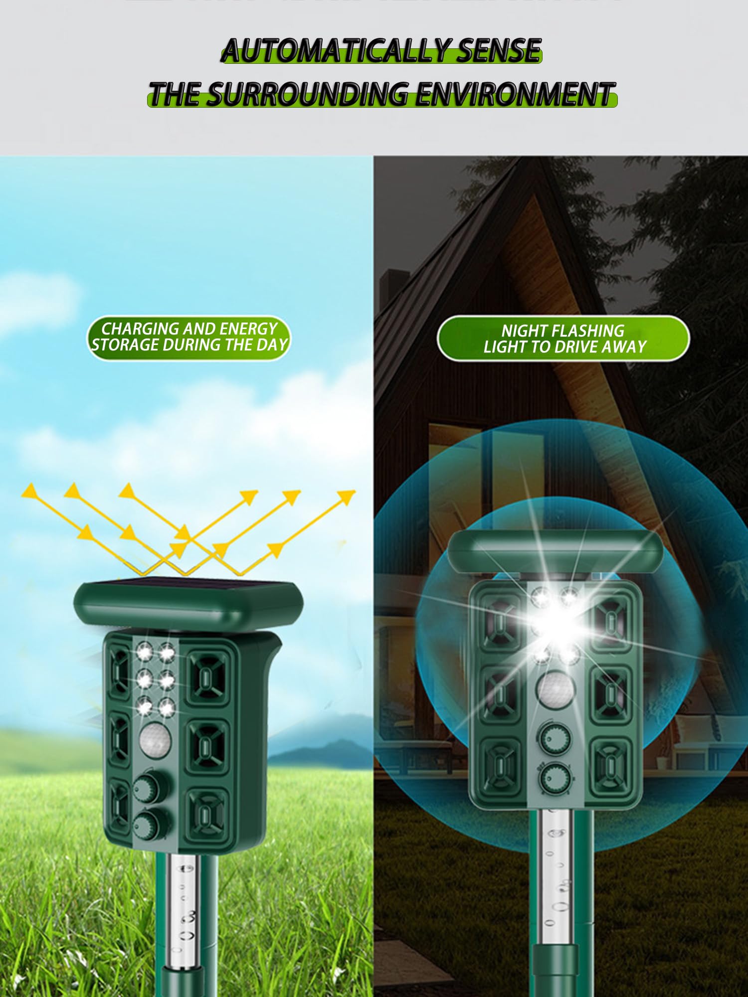 Répulsif pour animaux avec charge solaire, capteur de lumière rouge, lampe torche LED, 4 niveaux réglables, portée de 8 à 12 mètres pour éloigner les vergers, les cours, les villas, les fermes