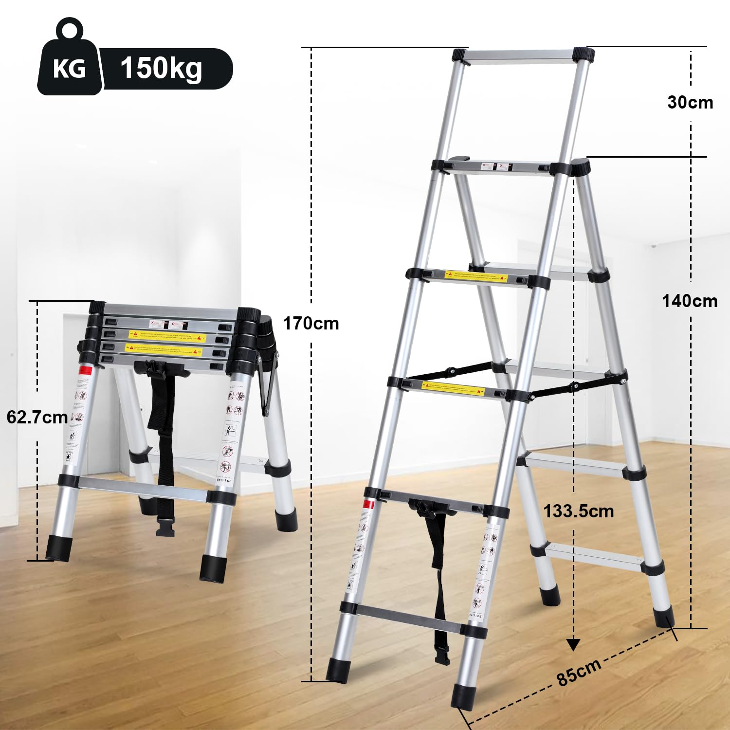 Eulenke Teleskopleiter 1.4m+1.7m Aluminium Trittleiter 4+5 Stufen Tragbare rutschfeste Klappleiter, 150 kg Belastbarkeit Stehleiter, Aluleiter für Drinnen, Draußen, Mehrzweckleiter, Haushaltsleiter