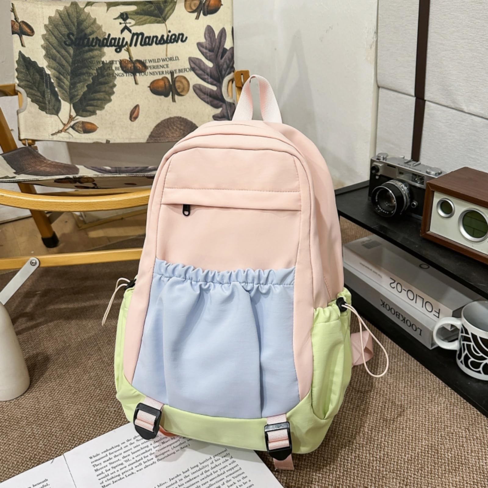 Zaino Color-Block Nylon Student Casual College-Style di Viaggio Elegante per Le Donne