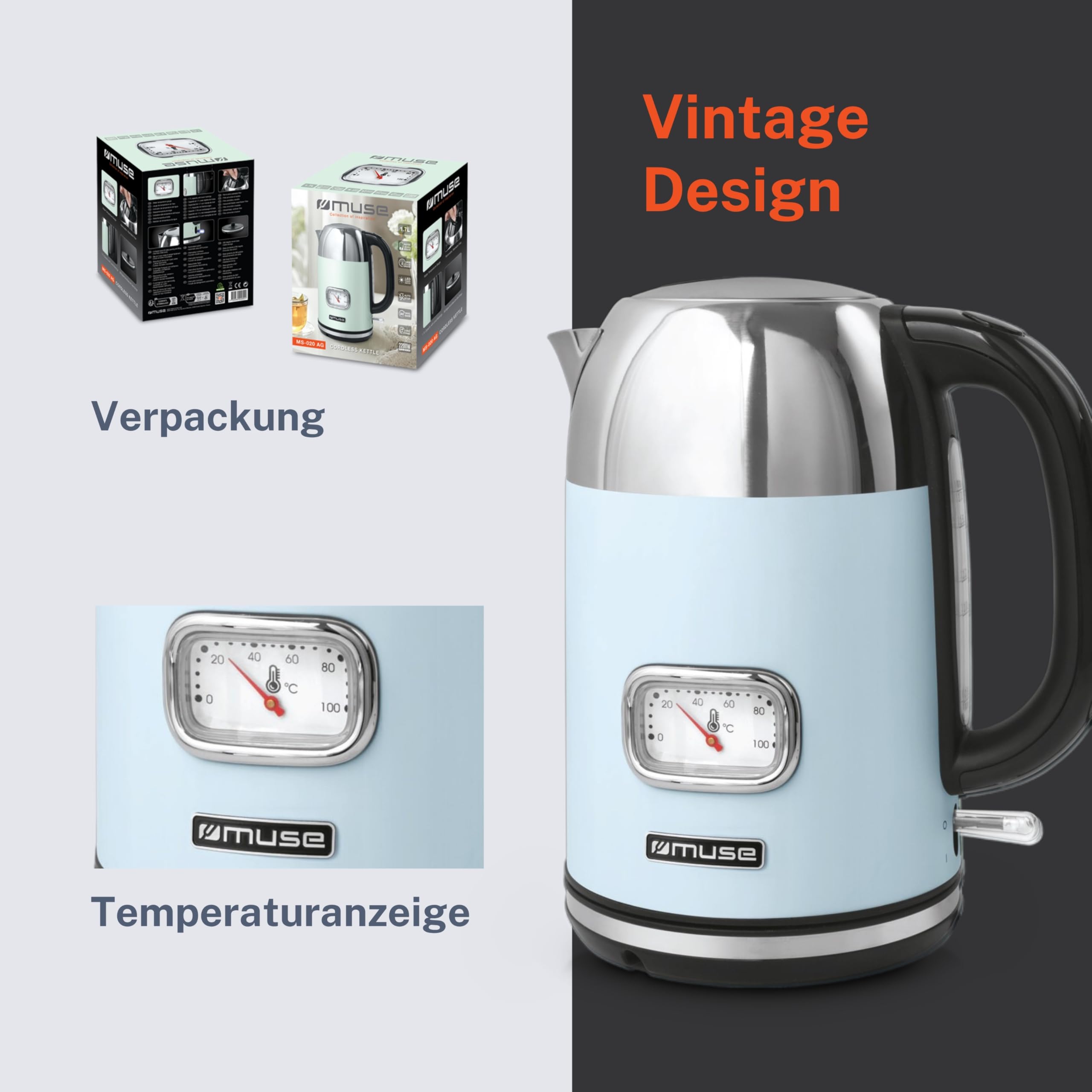 Muse Hervidor retro de acero inoxidable con pantalla analógica de temperatura, filtro lavable, escala transparente, capacidad de 1,7 l, apagado automático, azul pastel