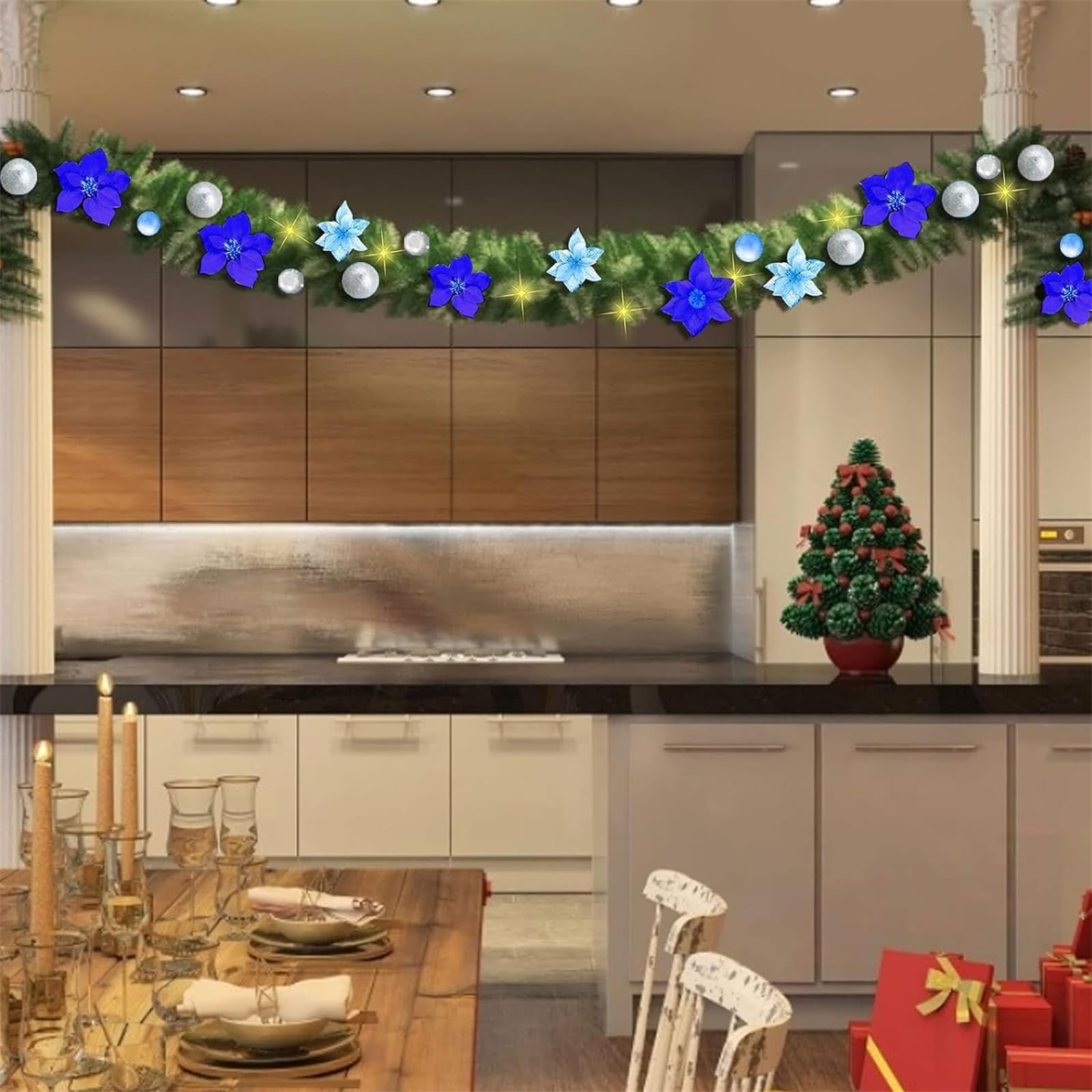Guirnalda de luces de Navidad, guirnalda de flores artificiales de Navidad de 9 pies, ratán de Navidad para decoración de vacaciones al aire libre, interior, hogar, guirnalda de Navidad con bolas,