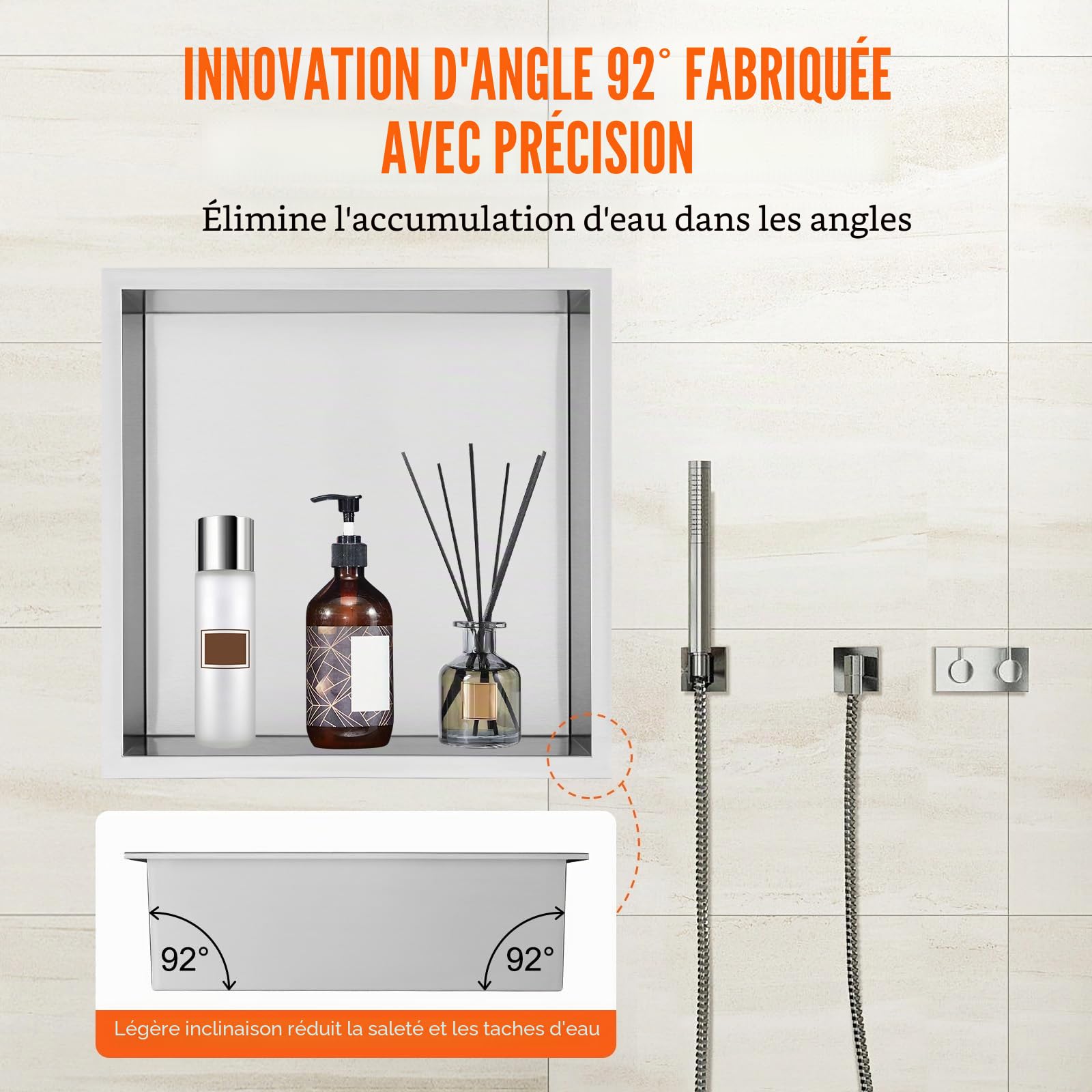 VEVOR Niche Encastrable Salle de Bain 33,02x33,02 cm Niche Douche Murale Double Étagère Acier Inoxydable 304 Scellée Étanche Facile à Nettoyer Moderne pour Stockage Savon Douche Salle de Bains, Argent