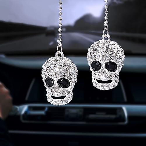 OIIKI Accesorios brillantes para automóvil, dije colgante de calavera de diamantes de imitación de cristal, decoración de espejo retrovisor interior