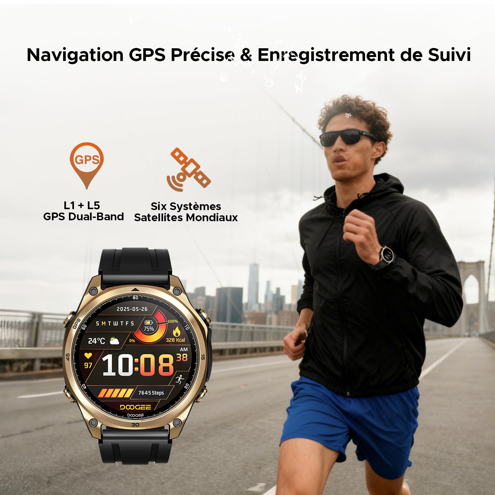 Anywise W1 AI Montre Connectée Homme, 5ATM Dual-Band GPS Tactical Watch,1,43'' AMOLED Screen, 170+ Modes Sport, Appel Bluetooth,18 Days Battery,LED Flashlight,Compass,pour Android/iOS,3 Strap