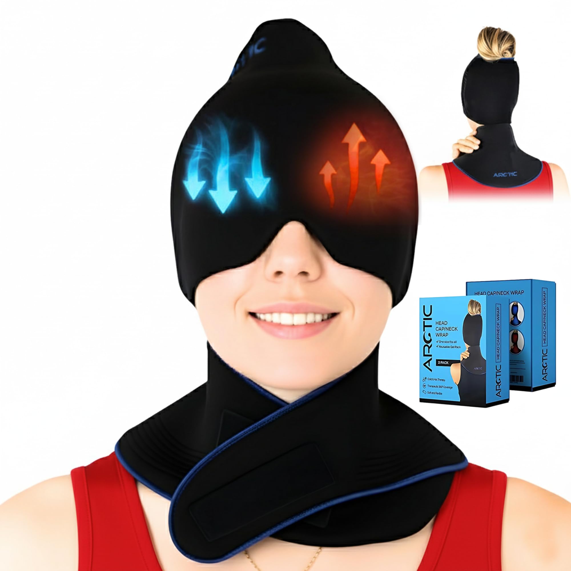 Combo Pack | Migraine Relief Cap + Headache Relief Cap Bundle | Cooling Headache Mask + Neck Ice Wrap | Cold Cap for Migraines, Headache Ice Pack & Eye Compress Therapy