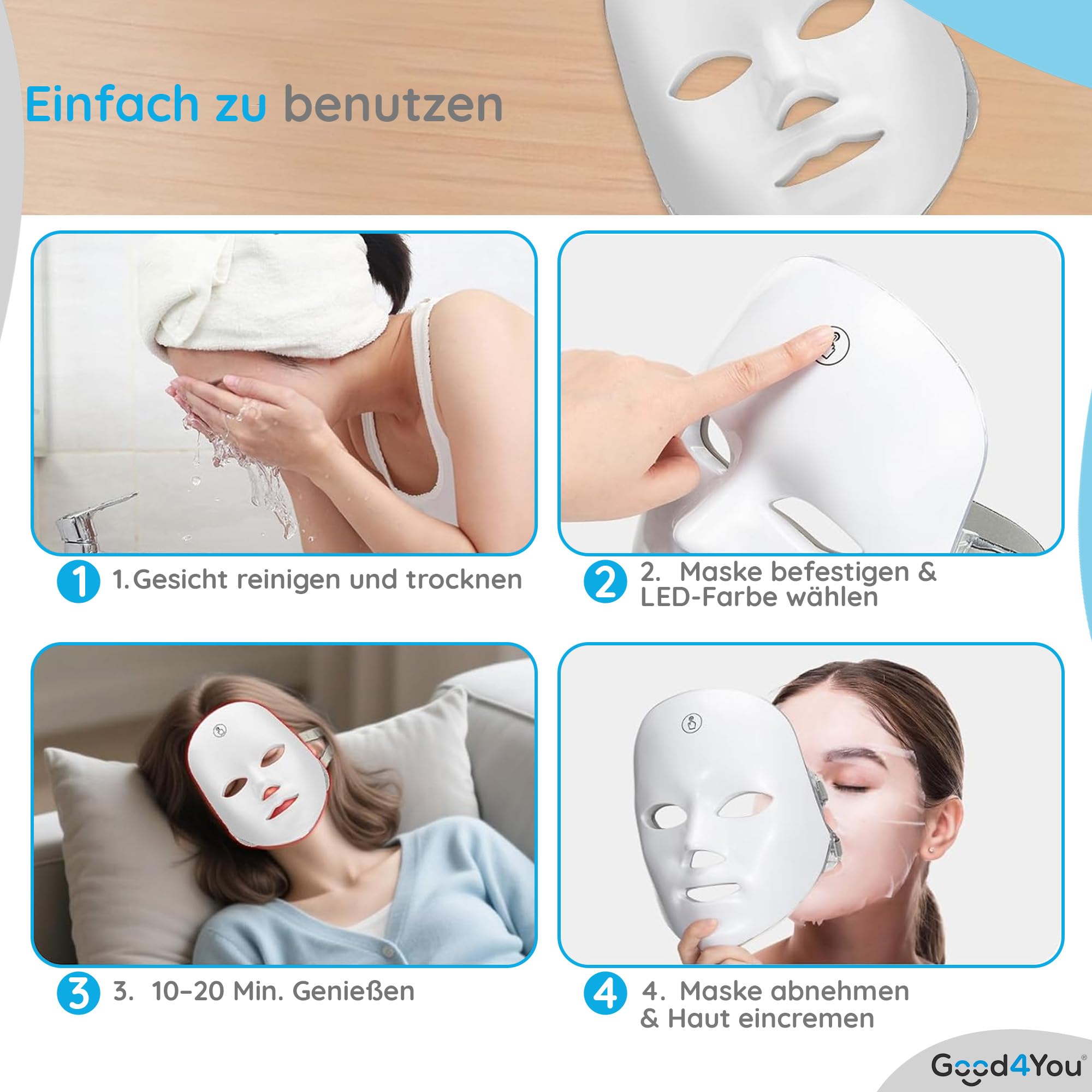 Good4You - LED-Gesichtsmaske - LED-Maske - LED-Maske Hautpflege - LED-Therapie - Gesichtsmaske - Akne-Behandlung - Infrarot-Therapie - Infrarotlampe - Lichttherapie- 7 Farben - Timer - Weiß