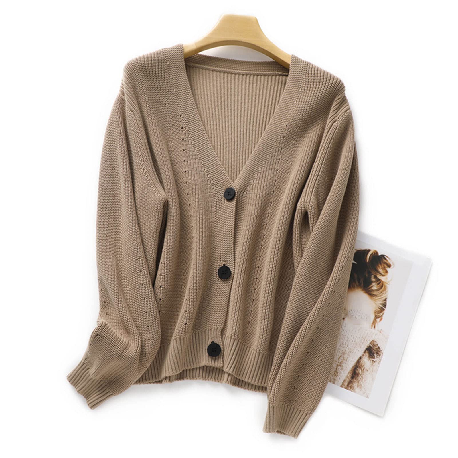 Cárdigan de punto de algodón suelto con cuello en V para mujer, chaqueta de punto de manga larga, chaqueta de moda