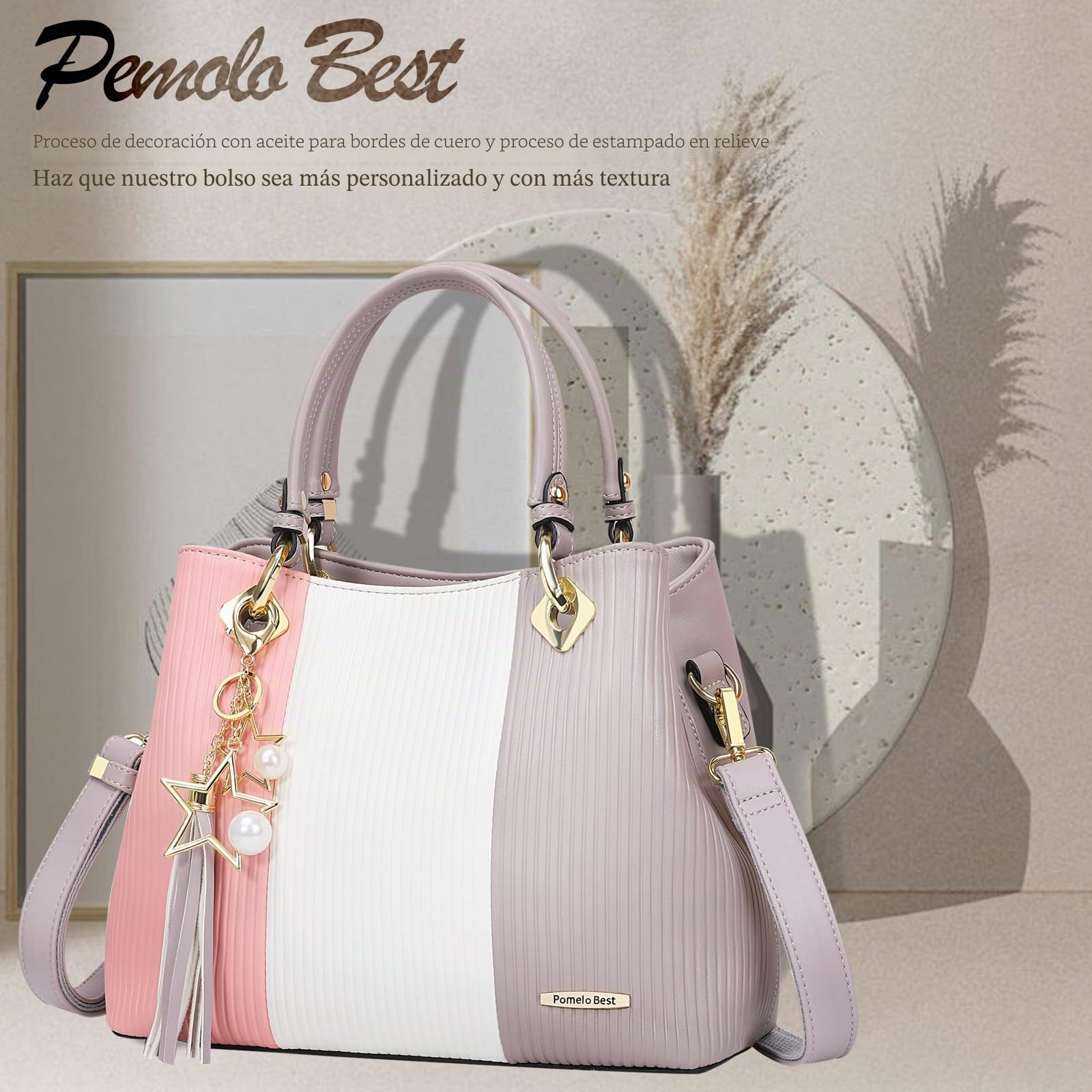 Pomelo Best Bolsos de Mujer, Bolso Señora Tote Multicolor Rayas PU Cuero Con Flecos Bolso Hombro Bolso Shopper perfecto para Trabajo, Diario Vida, Navidad y Fiesta ect (Rosa)