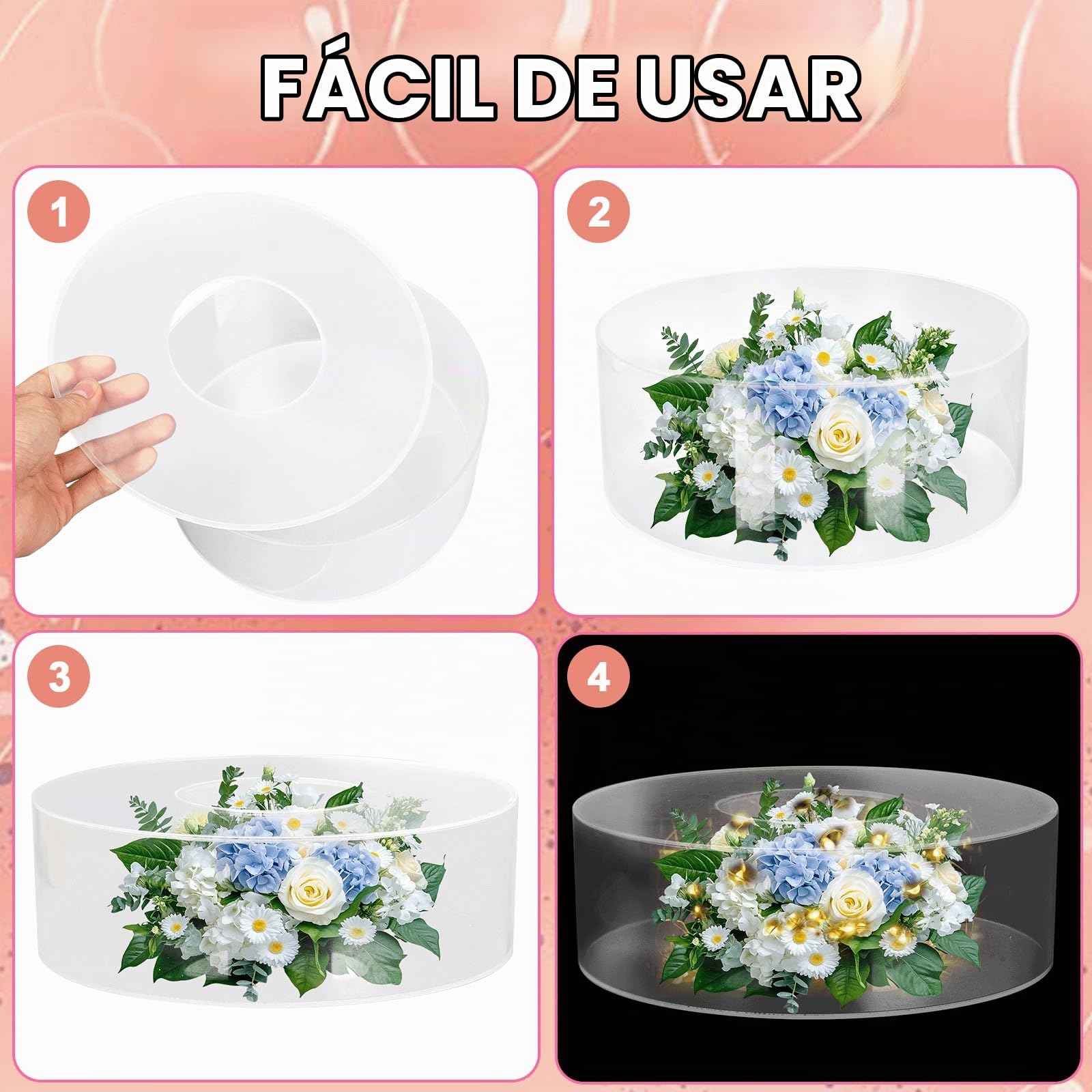 Soporte Acrílico para Tartas, 15cm+25cm Soportes para Tartas Rellenables de Acrílico Transparente con Cadena de Luz Apilables Soporte para Exhibición de Pasteles para Bodas Baby Shower Cumpleaños