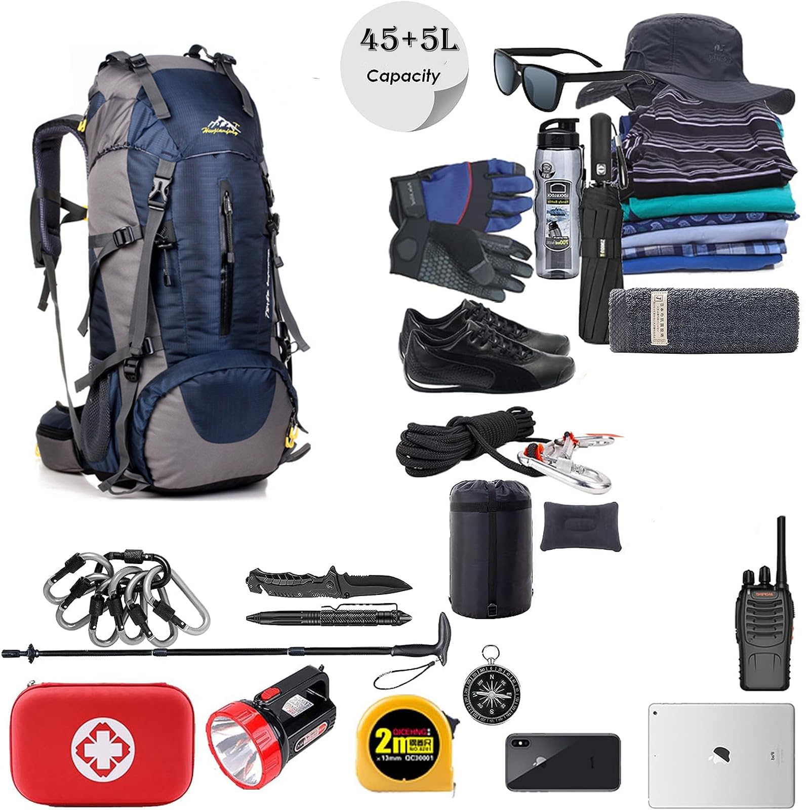 50 l Wanderrucksack, wasserdicht, leicht, mit Regenschutz, Outdoor-Sport, Reisen, Tagesrucksack für Männer und Frauen, Klettern, Camping, Touren, marineblau