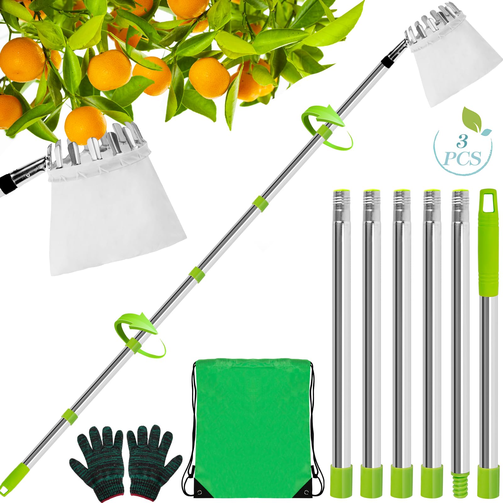 Raccogli Frutta da Albero, 2.4M Raccoglifrutta con Palo in Acciaio Inox Leggero, Raccogli Frutta Telescopico Raccoglifrutta Regolabile in Altezza Per la Raccolta di Mele, Fichi, Pere, Pesche e Nespole