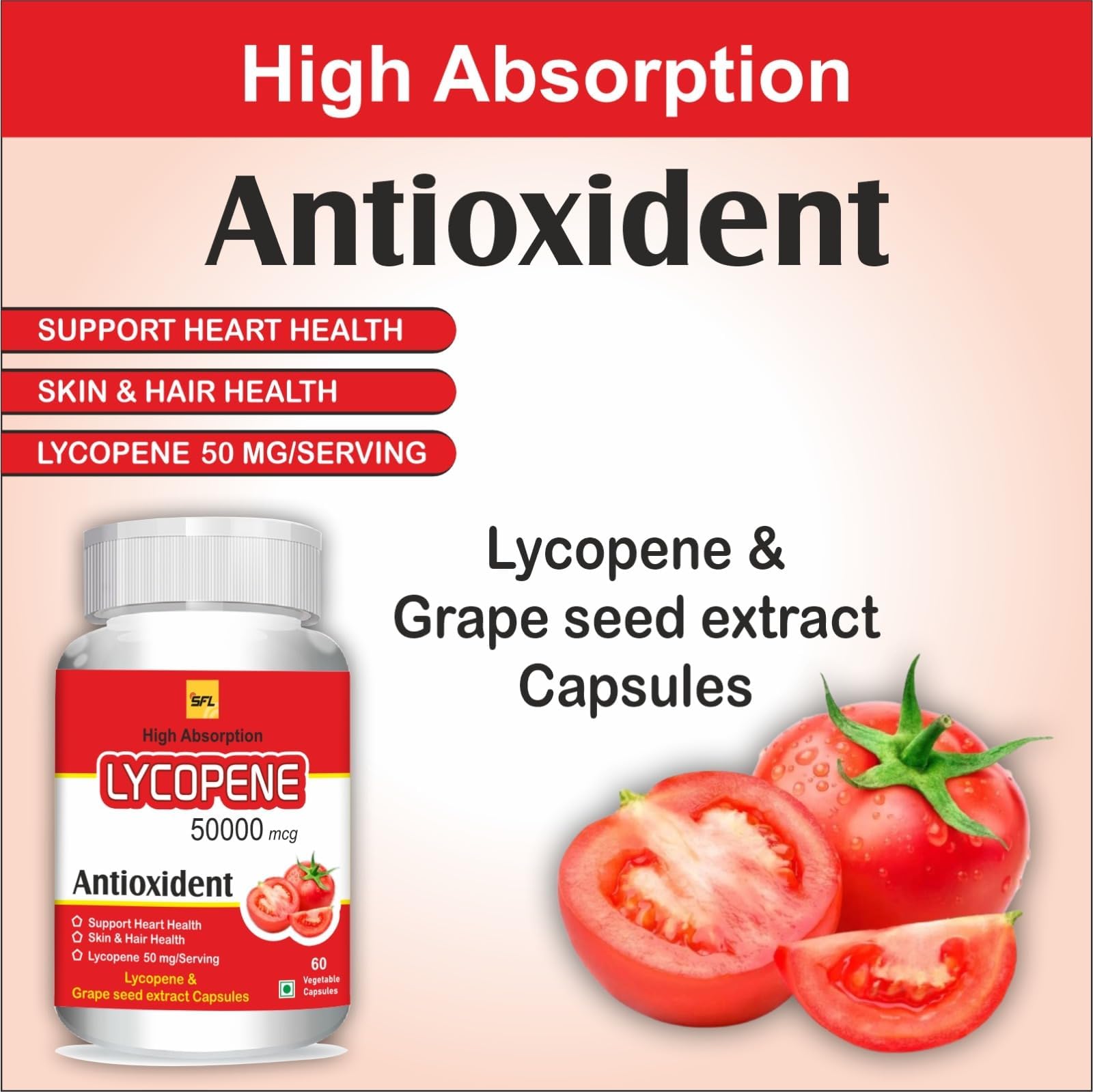 SFL 50 mg Lycopene Antioxidant, High Absorption, Support Heart Health, Skin & Hair Health, 60 Vegetable Capsules 1