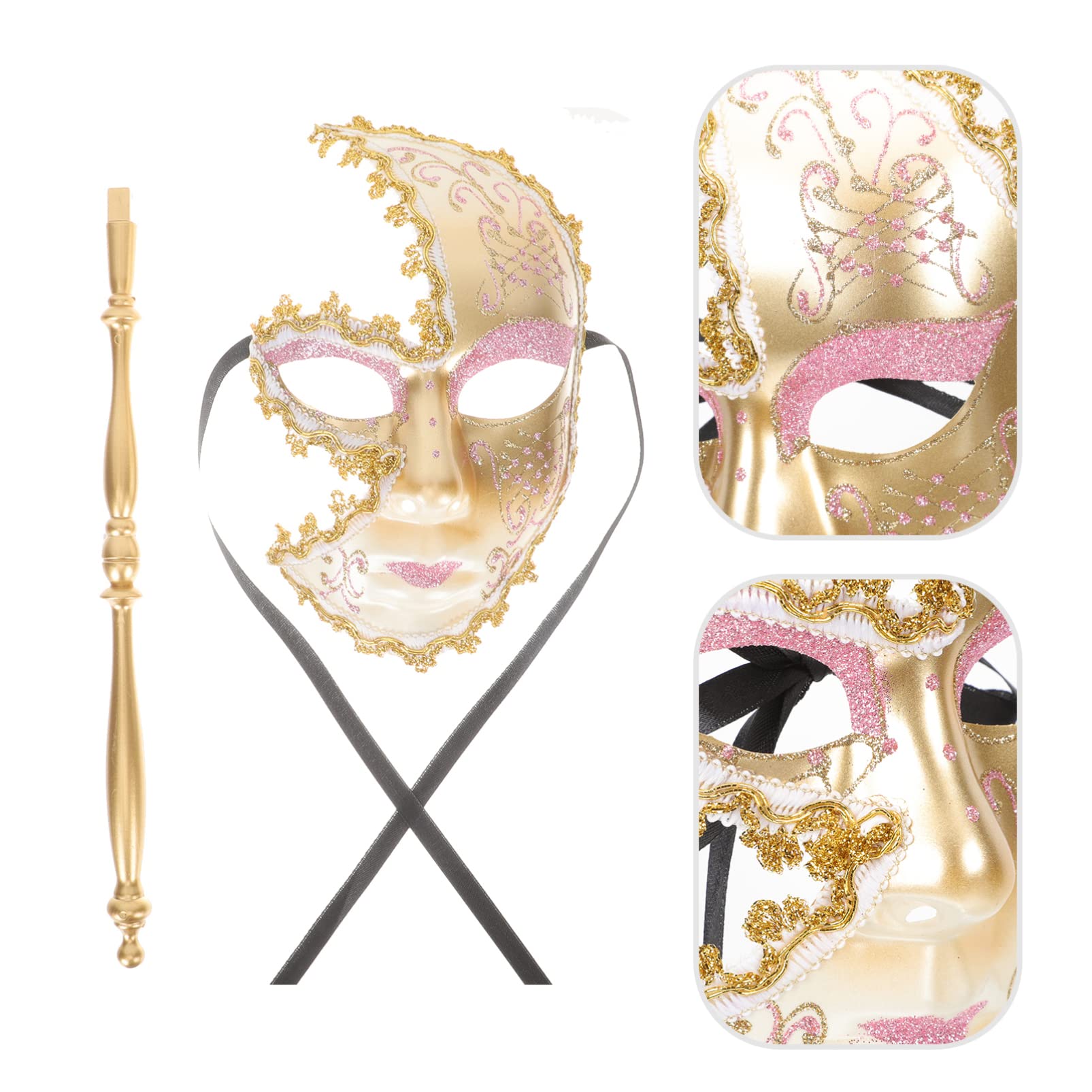 ABOOFAN Venetian Mask Women Masquerade Mask with Stick for Costume Party Pink