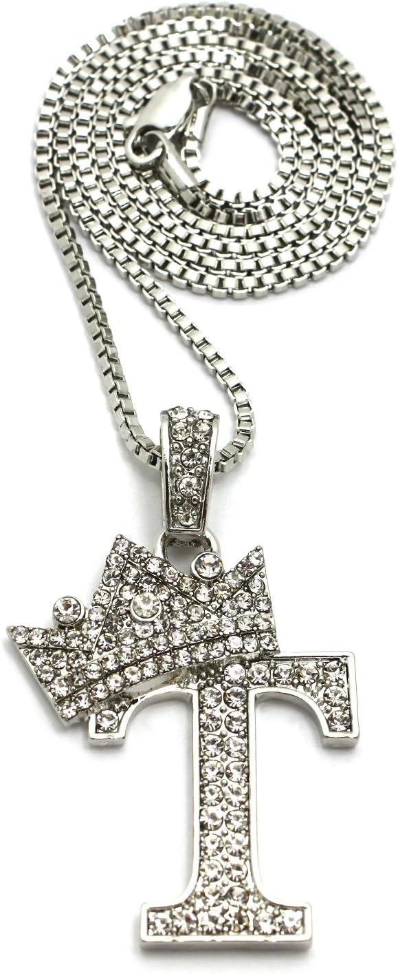 Fashion 21 Iced Out King Crown Alphabet T Pendant 24" Various Chain Necklace in Gold, Silver Tone (Silver / 2mm 24" Box Chain)