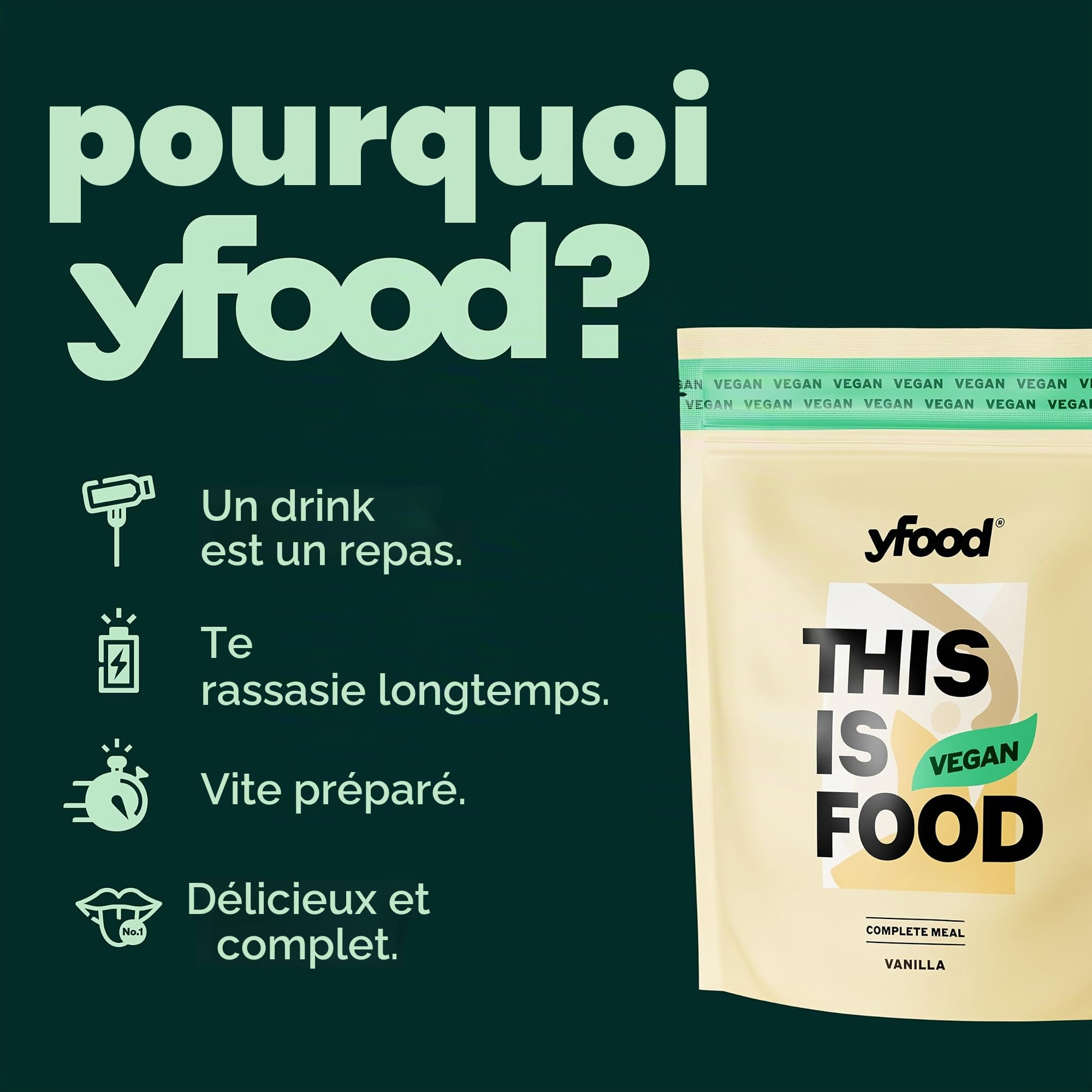 yfood Poudre végétalienne à la vanille, délicieux repas à boire pour les déplacements, THIS IS FOOD en poudre, 26 g de protéines, 12 repas, 26 vitamines et minéraux, goût : vanille (végétalien)