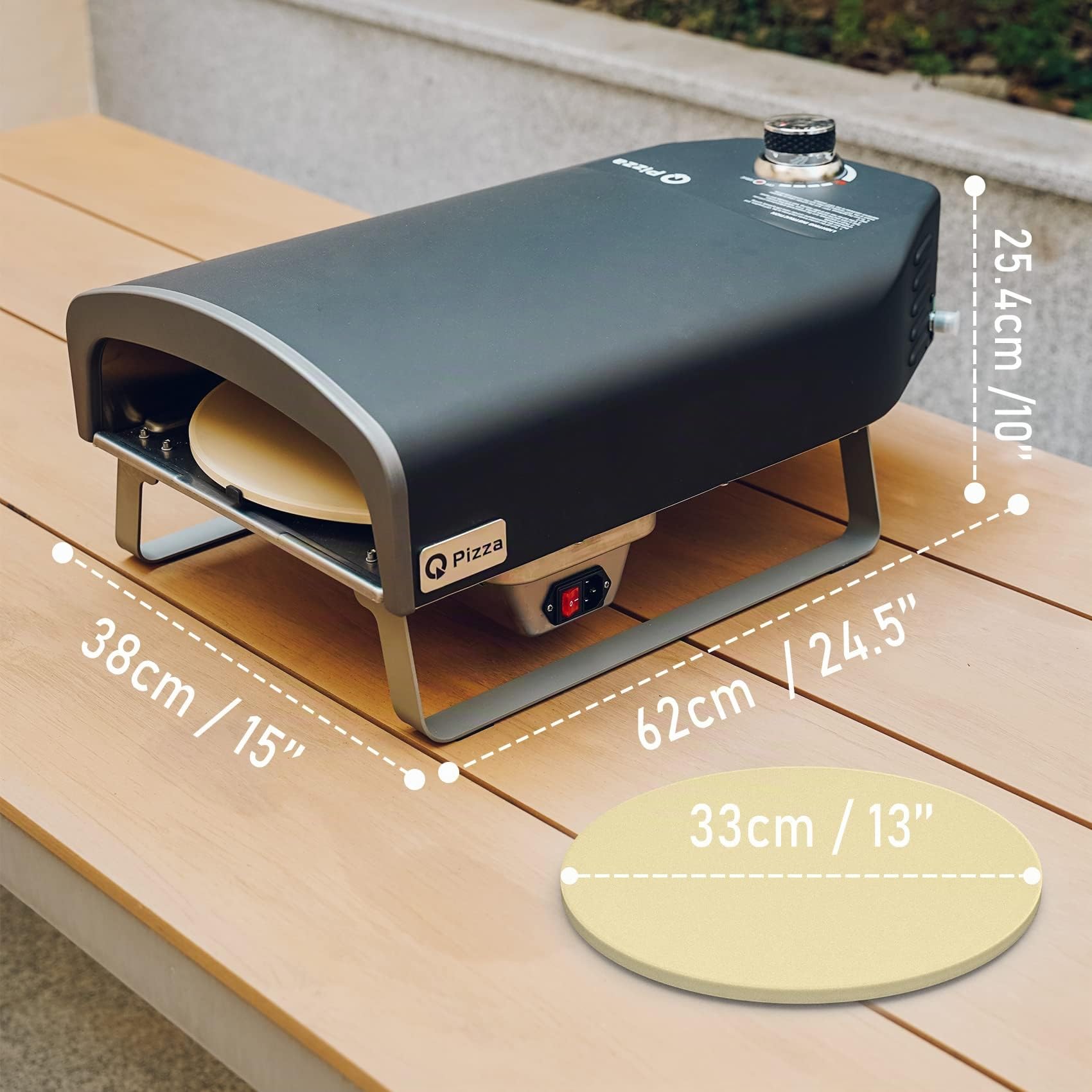 Q Pizza - Forno per pizza a gas con funzione di rotazione automatica, con pietra per pizza da 33 cm