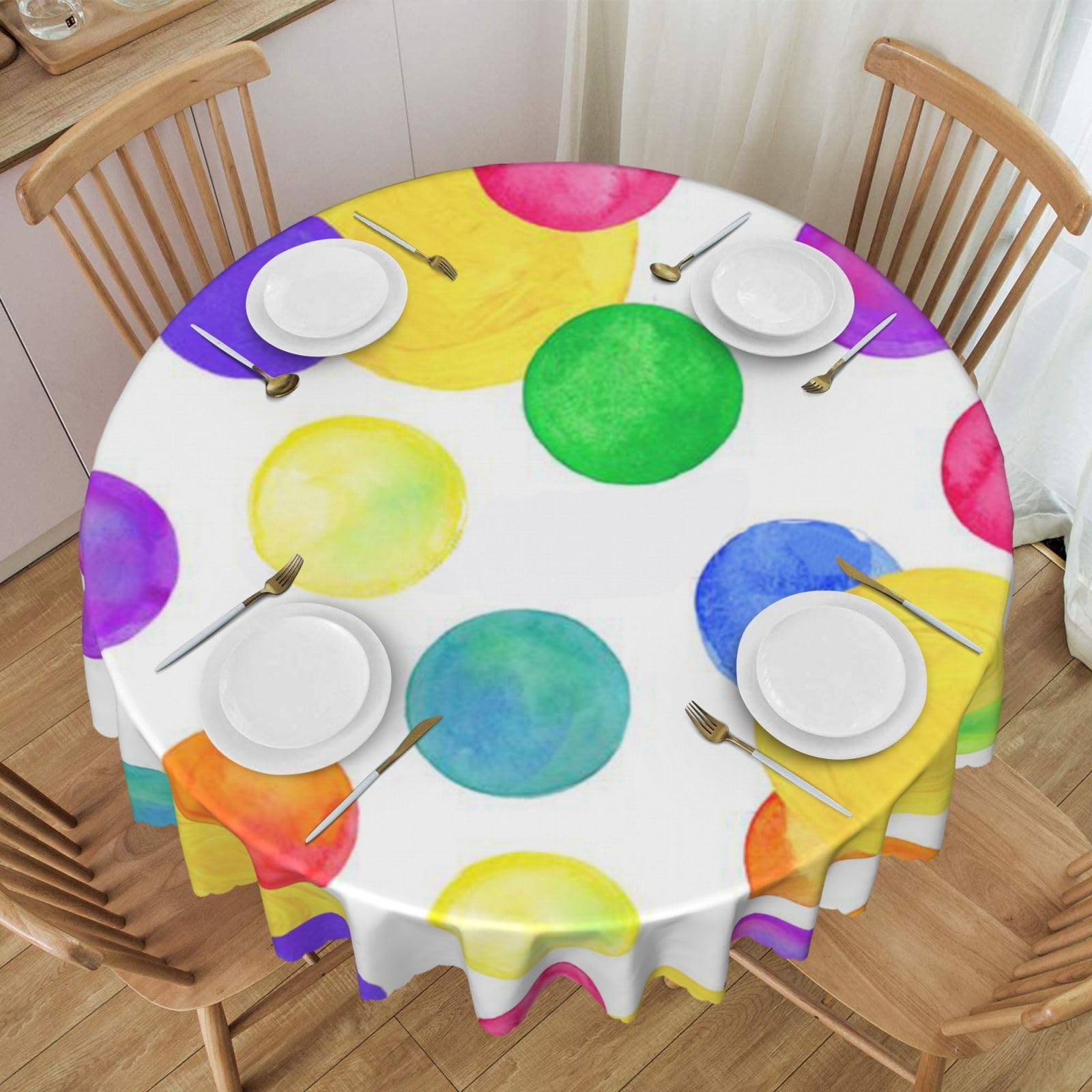 DCEHGEW 60 In Round Tablecloth with Lace, Watercolor Rainbow Circle Printed Oilproof & Washable Fabric Picnic Table Cloth Table Covers