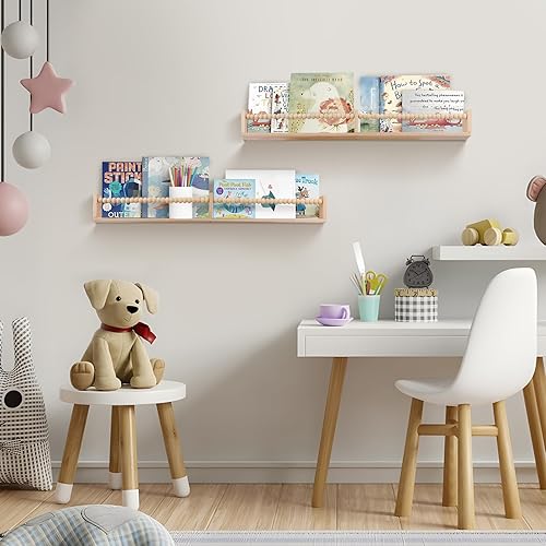 Miniatura 5 de Juego de 3 estantes de 32 pulgadas para guardería, estantes de libros para pared de estantería, estantes de pared para niños, estante organizador de