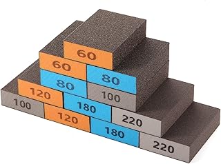 WEWINK PLUS 12 PCS Sanding Sponge, Wet Dry Sanding Blocks 60 80 100 120 180 220 Grit Coarse/Medium/Fine Assortment Reusable and Washable Sand Foam Sander Block for Wood, Drywall, Metal, Polishing