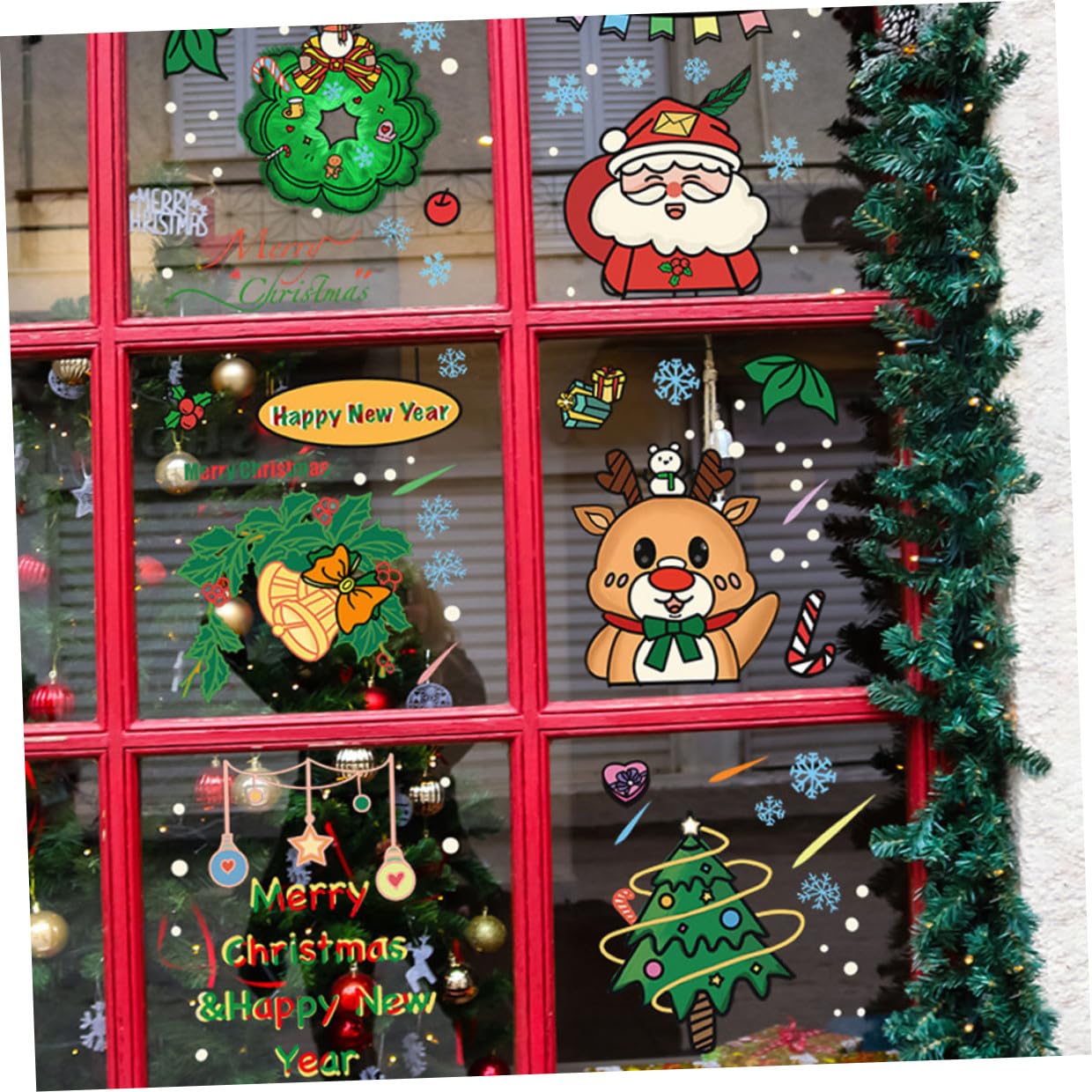 Angoily 30 Piezas Pegatinas Navideñas para Ventanas de PVC Decoración Removible con de Santa Claus Árbol y Reno Adhesivos Festivos para Cristales Navidad