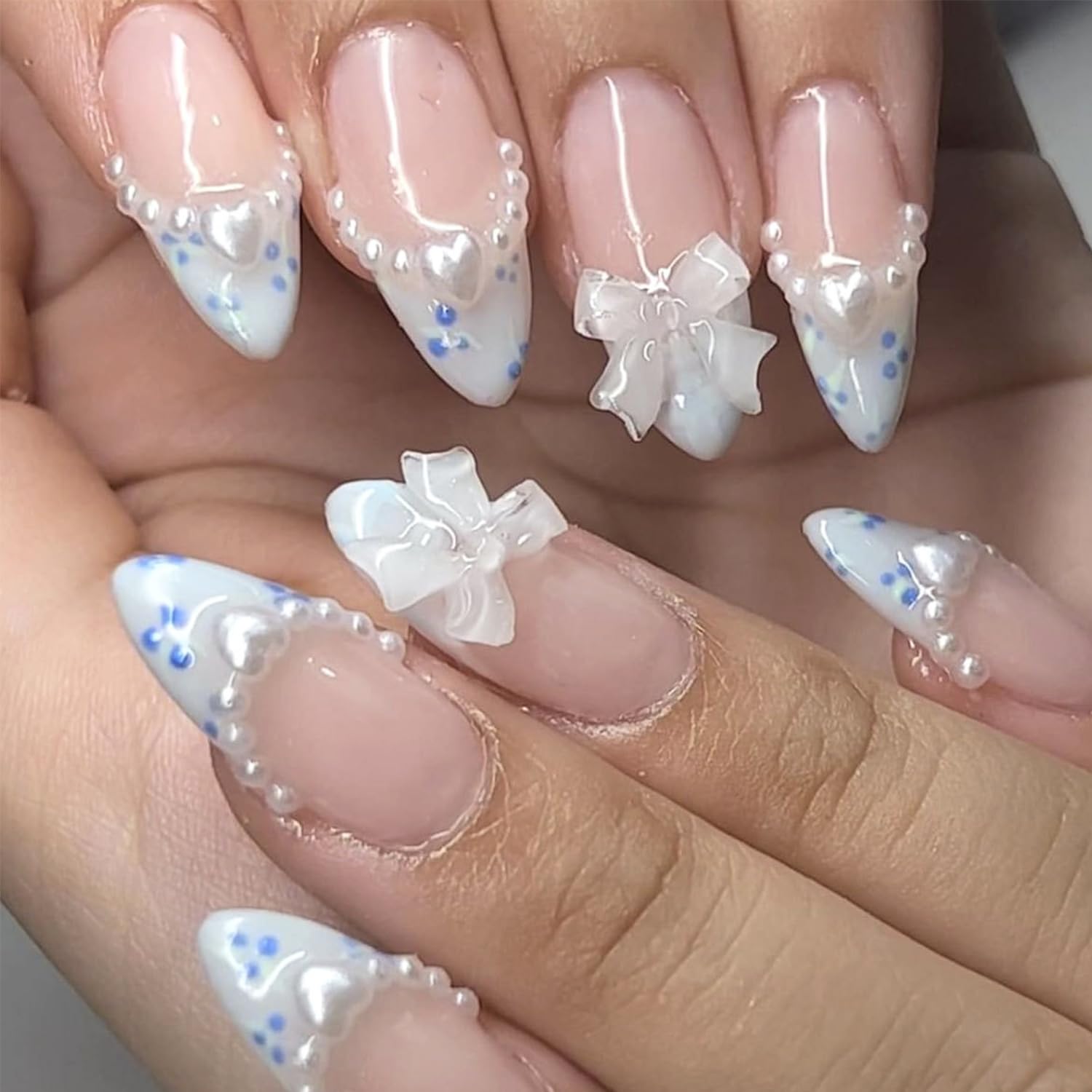 French Tip Press On Nails - Almond Medium Nude White Glossy Artificial Acrylic Nails with Bow Charms Pearls Designs - Full Cover Glue On - 24 Pcs