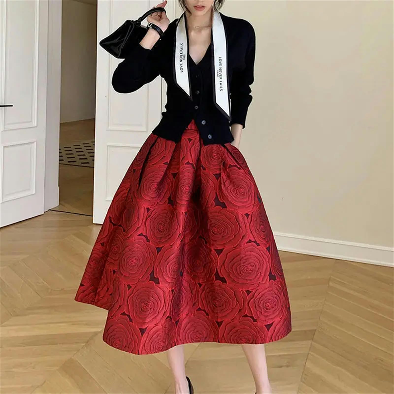 Rock Damen Frühlings- Und Herbst Retro Elegant Damen Red Retro Blumen Schöner Jacquard High Taille Long A-line Faltenrock