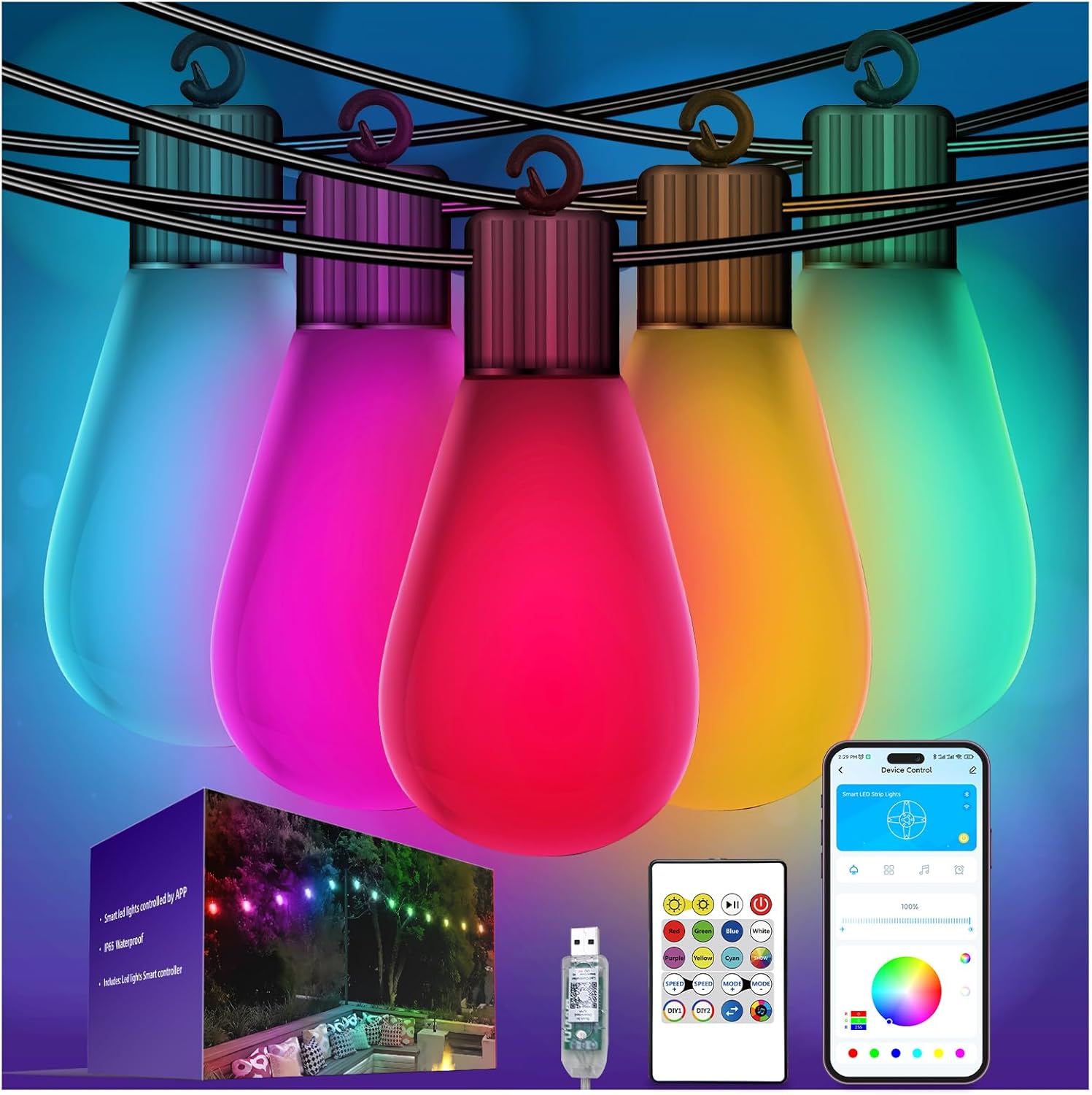 DAYBETTER Smart Colorful Outdoor String Lights, Fairy Lighting with Remote, S14 Indoor Twinkle Decor, Outside Luces LED para cuarto for Room Bedroom Wedding Party Wall Christmas Tree Decorat