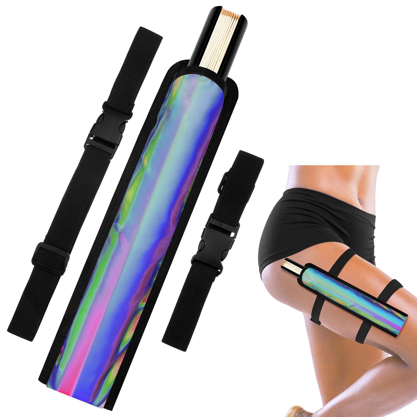 Cosblank Summer Rave Fan Thigh Holster Rave Fan Holder Folding Hand Pouch Foldable Sleeves with Waist Belt for Thigh Party