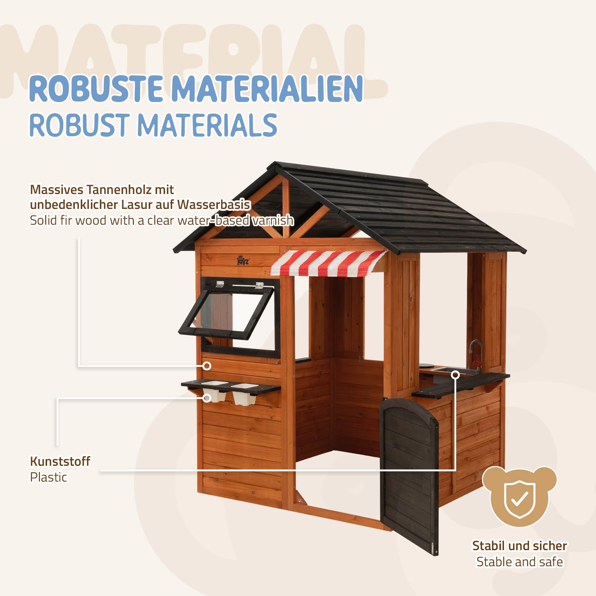 Joyz Kinderspielhaus aus Tannenholz massiv, Spielhaus mit Spiel- und Matschküche, Outdoor mit Tür, 4 Fenstern, wetterfest, für Kinder ab 3 Jahren