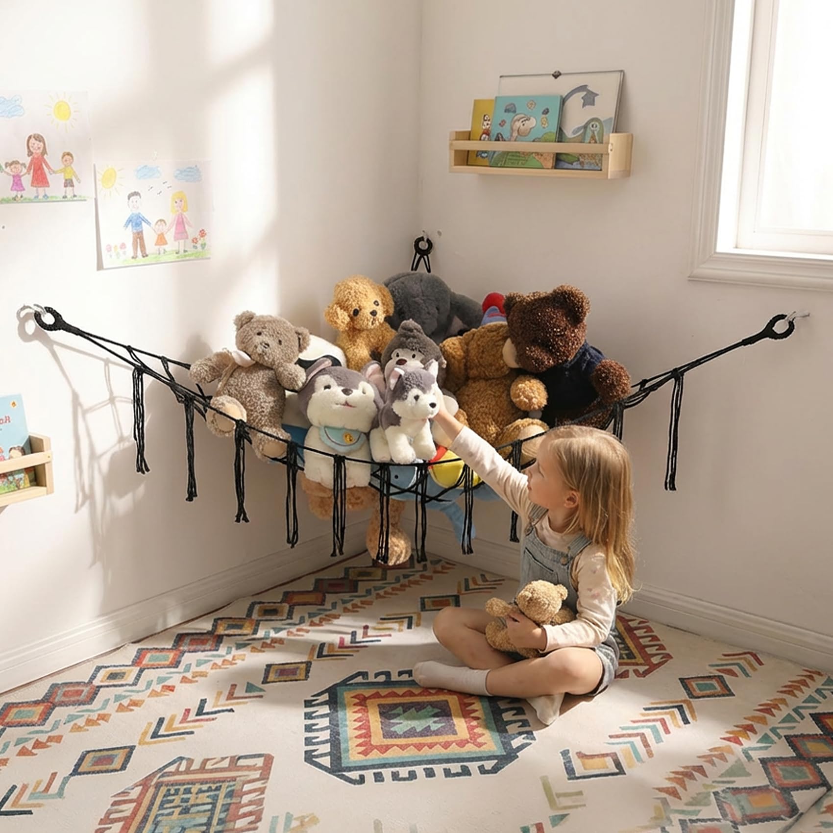YKBU Stuffed Animals Hammock Corner Hanging Net with Tassel Macrame Stuffed Animal Storage Plush Toy Holder Toy Organizer for Boho Nursery Playroom
