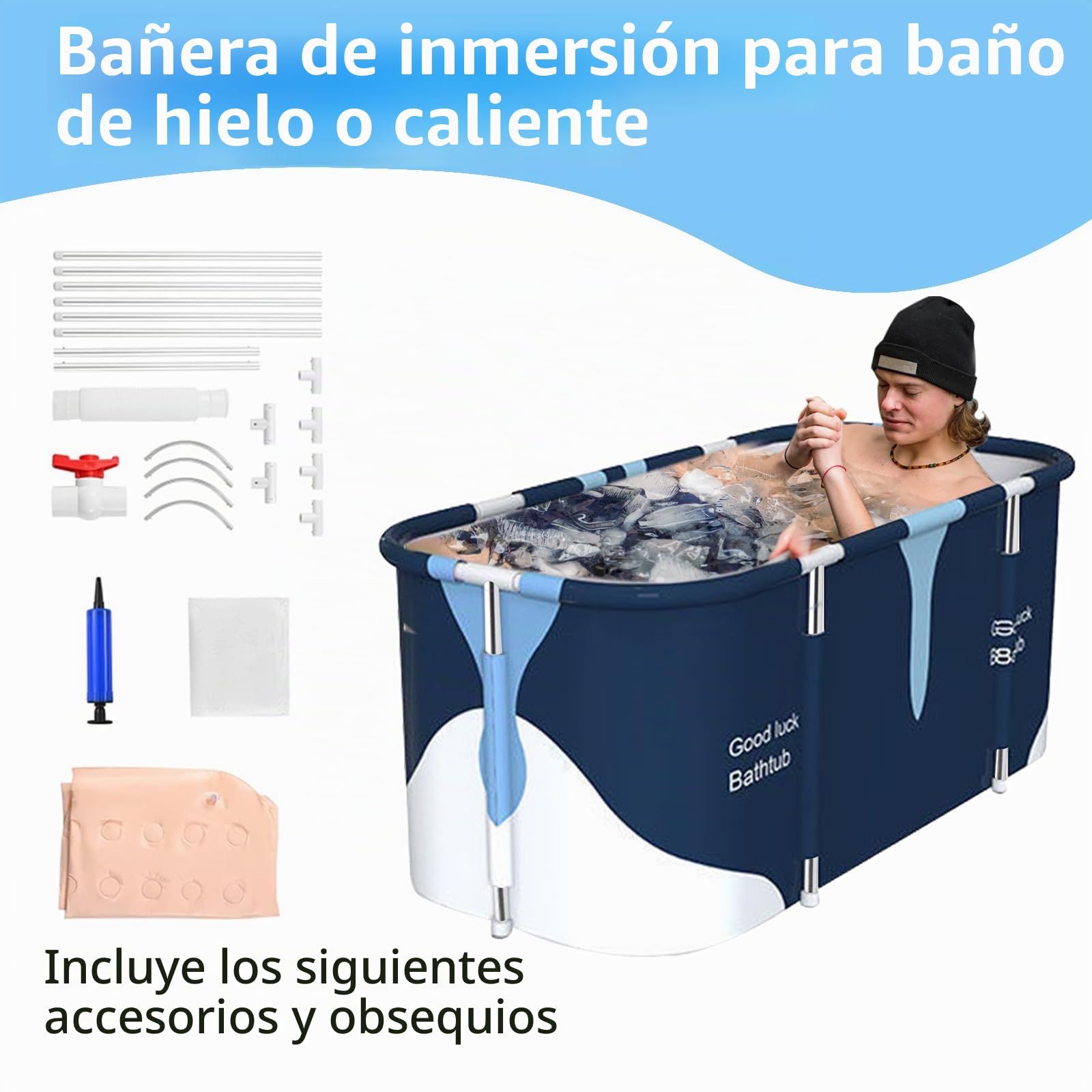 Bañera portátil extragrande de 141 cm para adultos, tina plegable de 55 pulgadas de grosor con marco de metal, bañera de spa plegable para cabina de ducha, baño familiar separado para baño de hielo