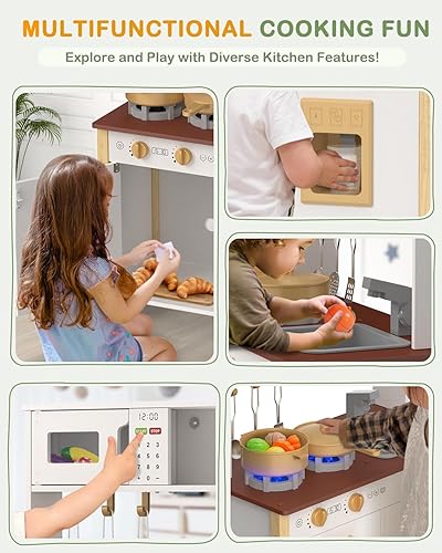 Miniatura 5 de Babytronic Cocina de juego para niños, juego de cocina de madera para niños a partir de 3 años con luces reales, sonidos, estufa, fregadero, horno y