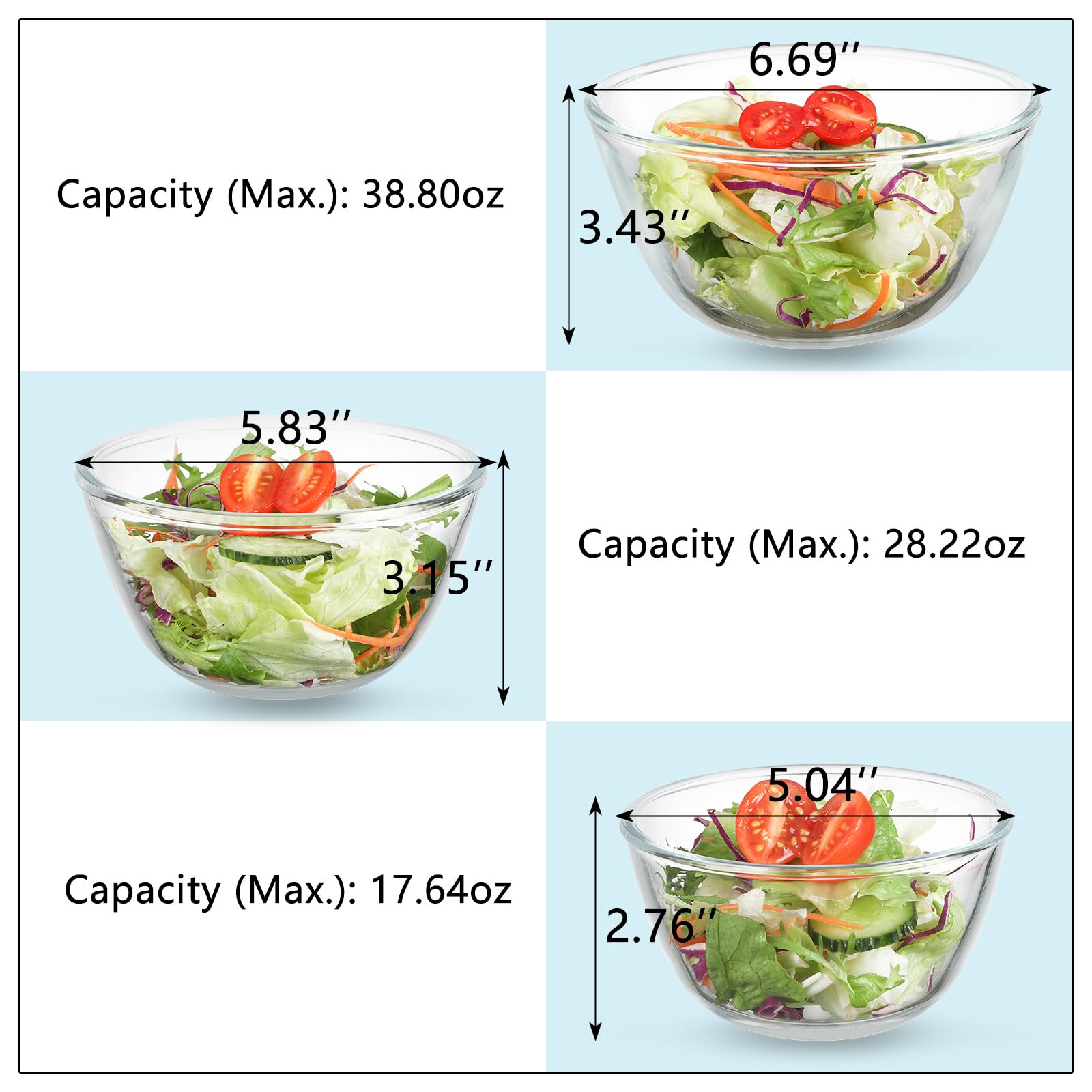 WHJY Paquete de 3 cuencos de vidrio para cereales de 7 pulgadas, cuencos de vidrio transparente para servir ensalada, pasta y cereales