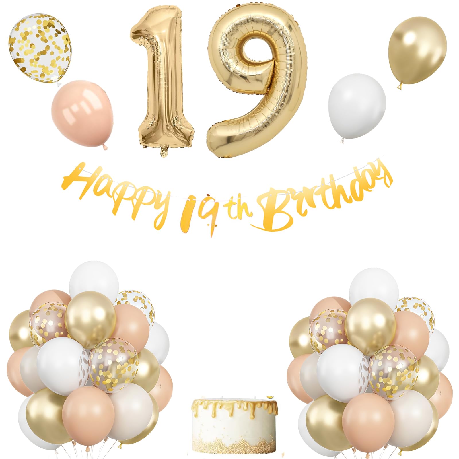 19th Birthday Decoration for Women,19th Birthday Decorations Girl, Beige White Gold Balloons With Happy 19th Banner, Cake Topper, Number 19 Foil Balloons for Women Men Party Decoration