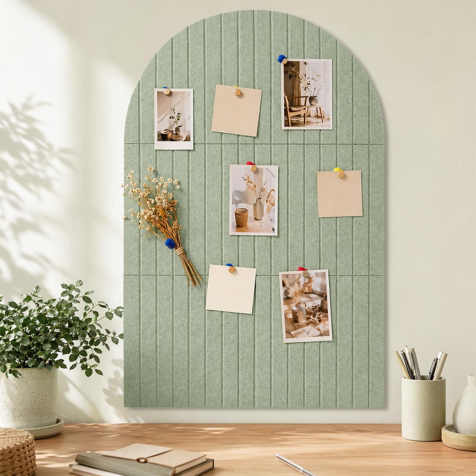 KinHaven Arched Felt Bulletin Board 90x60CM - Large Cork Board Alternative, 6 Pack 9mm Felt Tiles with 30 Adhesive Tabs & 30 Pushpins for Wall, Sage