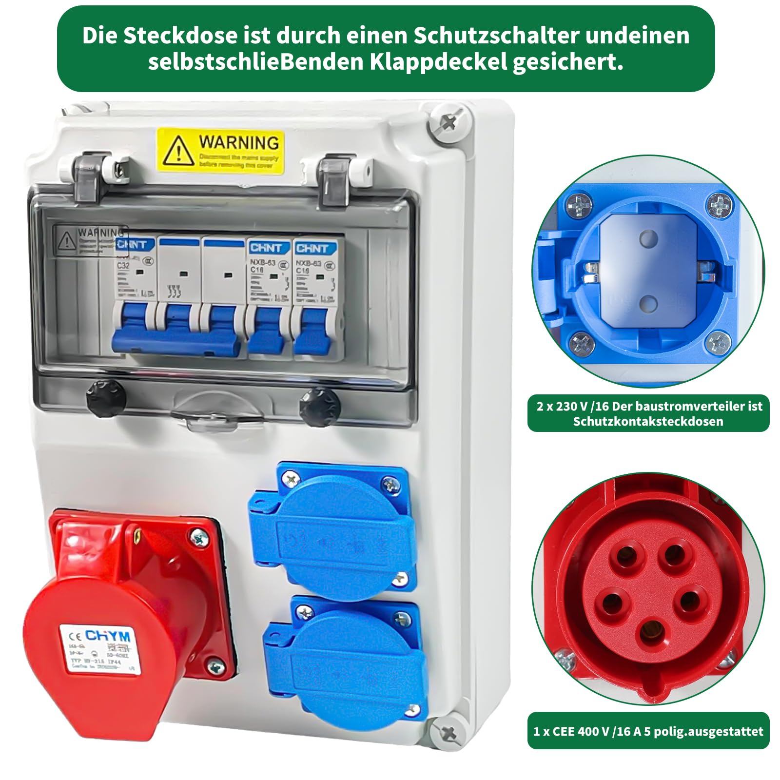 Distribuidor de corriente para construcción, 16 A, distribuidor de pared, 32 A/16 A, IP44, resistente al agua, con interruptor de protección FI, enchufes CEE y Schuko para obras, jardín, industria