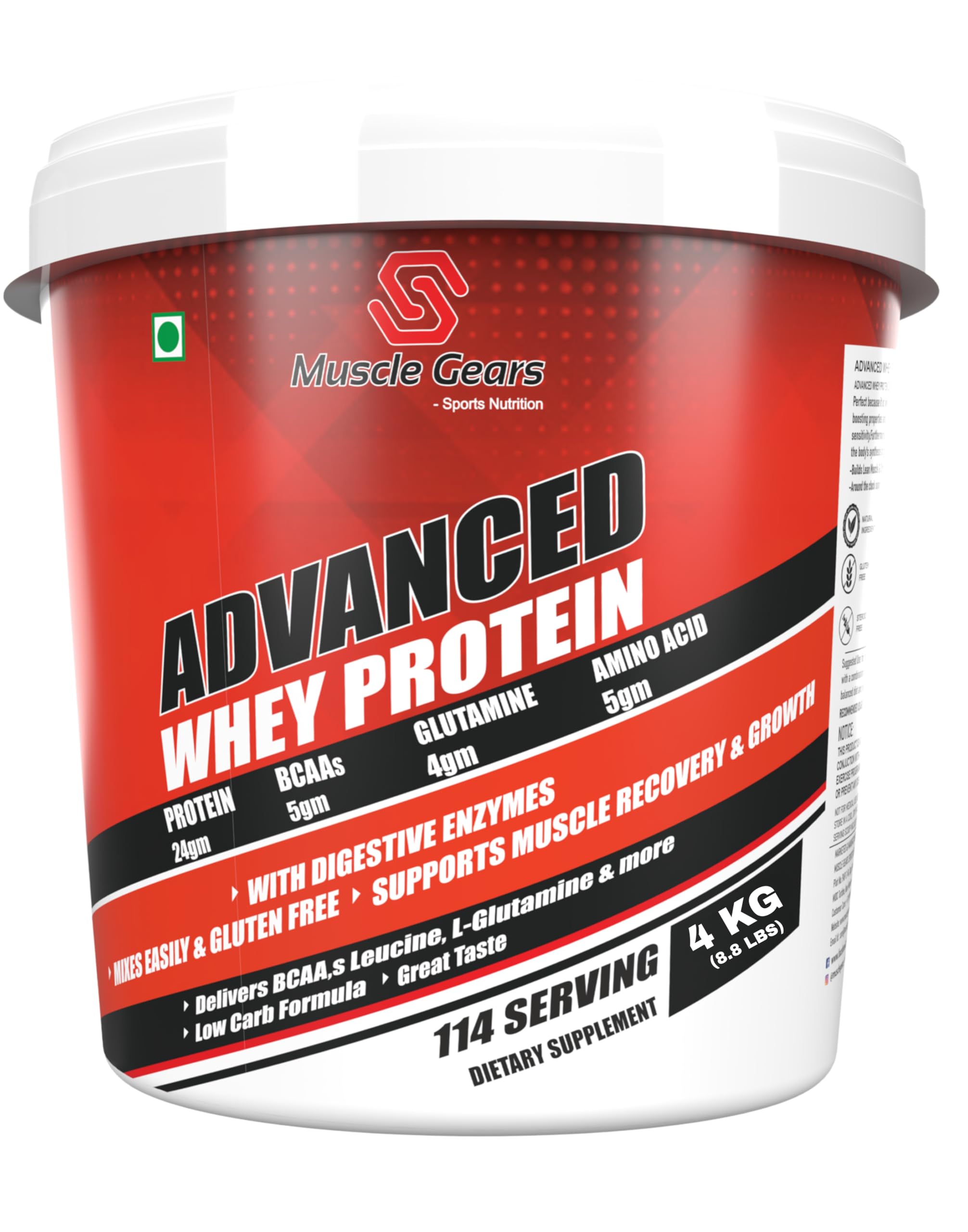 Muscle Gears Advanced Whey Protein | 24g Protein | 5g BCAAs | 4g Glutamine | 5g Amino Acids | 500mg Calcium + HMB | Digestive Enzymes | Chocolate Flavor | 4kg (8.8 lbs) — Amazon image 2